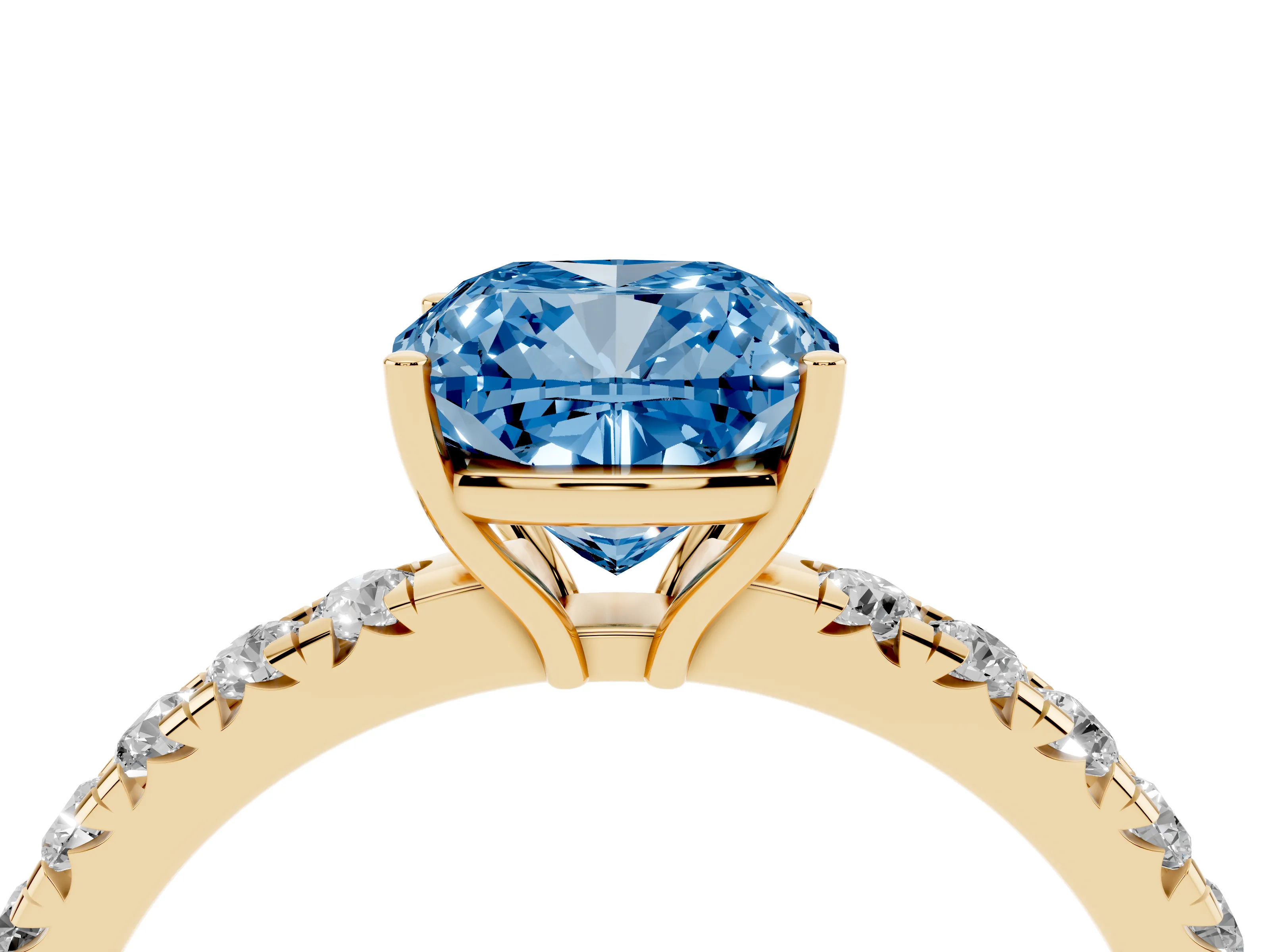 Fancy Blue Cushion Cut Diamond Pavé Solitaire Engagement Ring Set in Yellow gold with Prong Setting