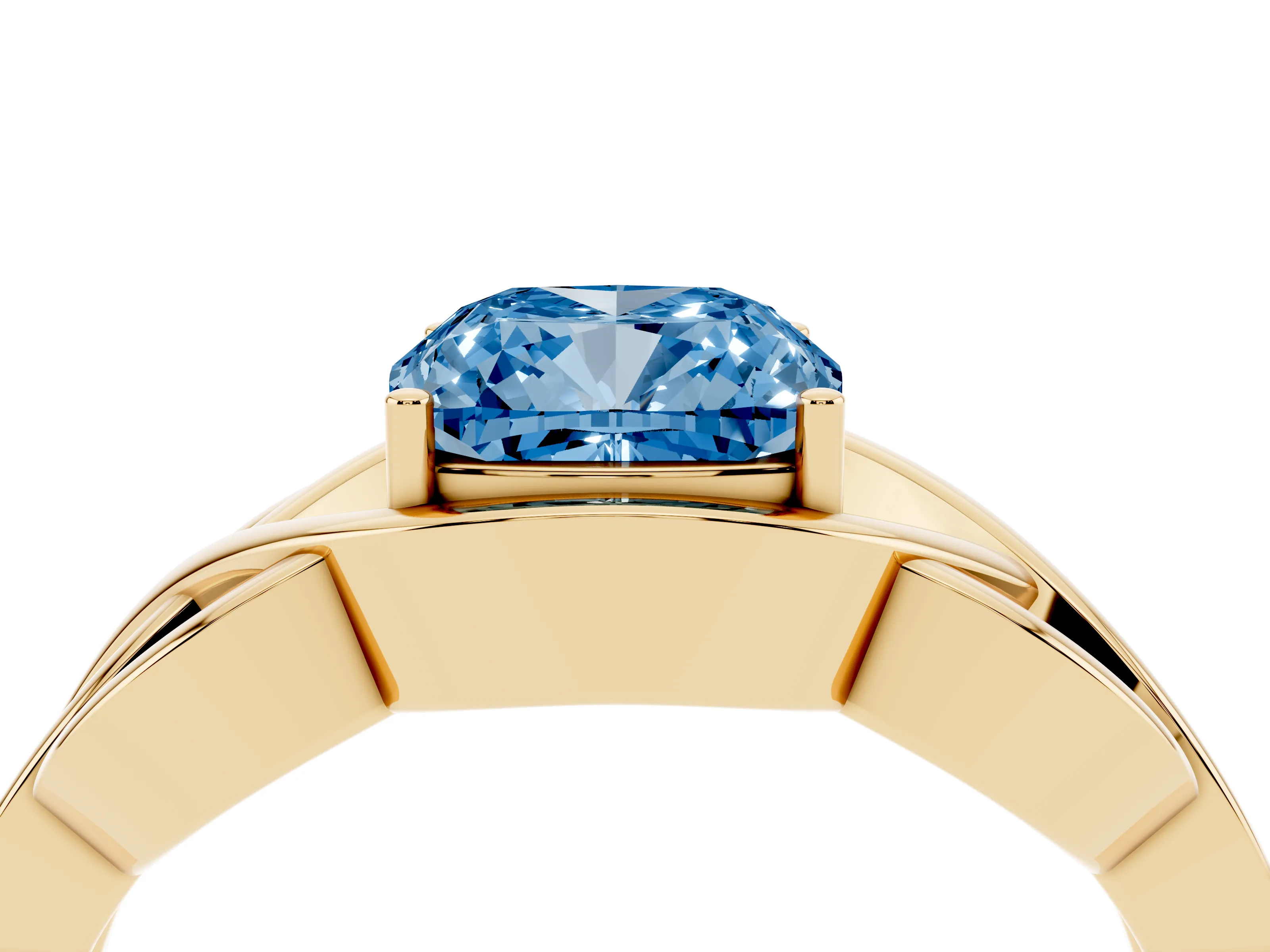 Fancy Blue Cushion Cut Diamond Solitaire Ring Set in Yellow gold with Intertwined Band