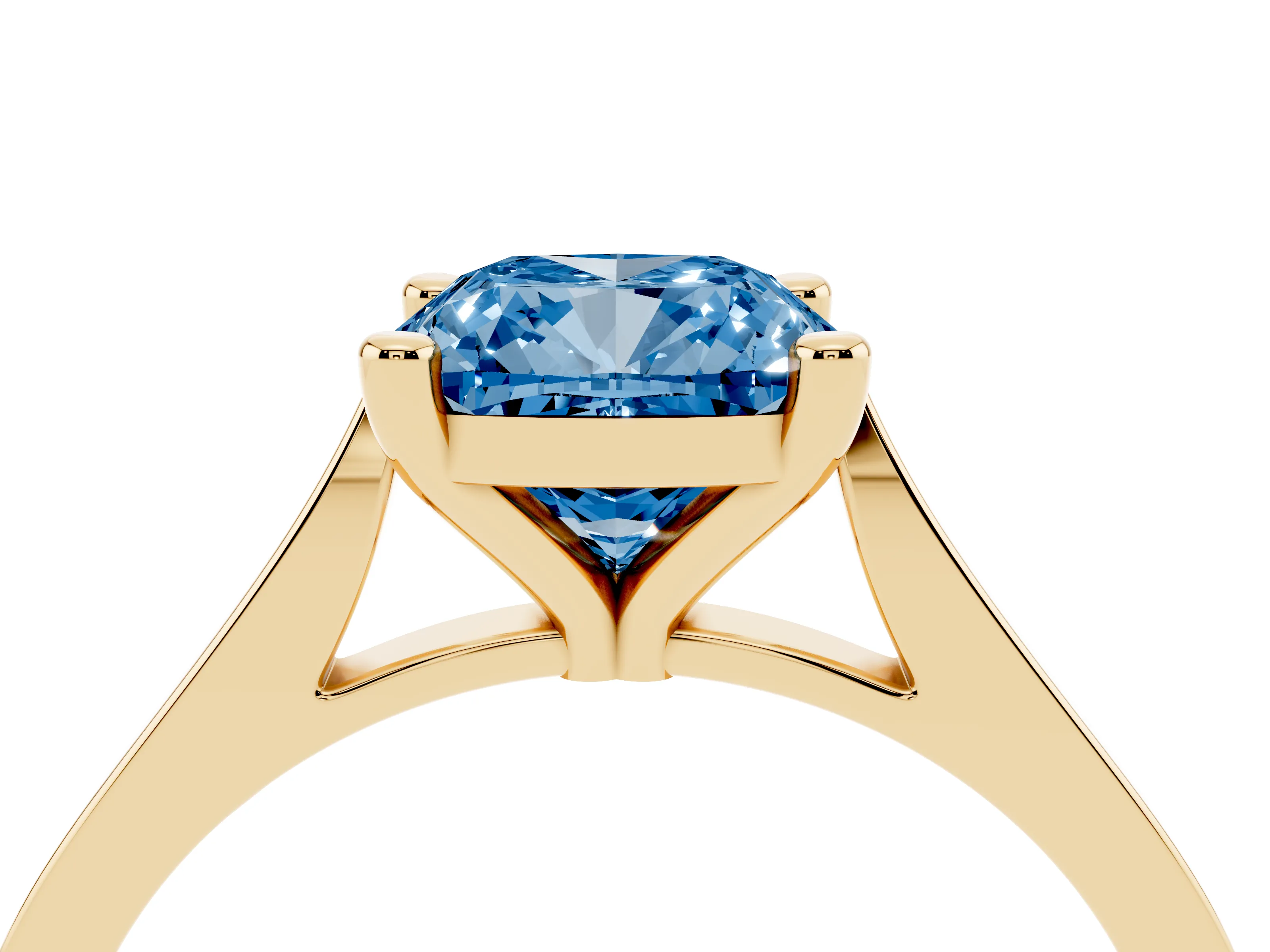 Fancy Blue Cushion Cut Diamond Solitaire Ring Set in Yellow gold with Prong Setting and Tapered Band