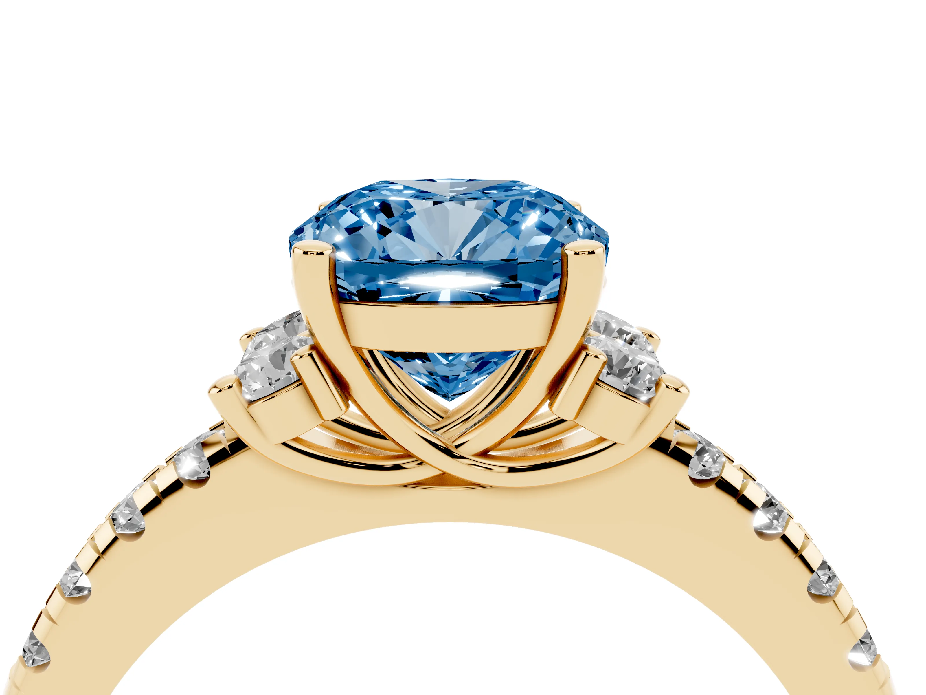 Fancy Blue Cushion Cut Diamond Three-Stone Pavé Ring Set in Yellow gold with Prong Setting
