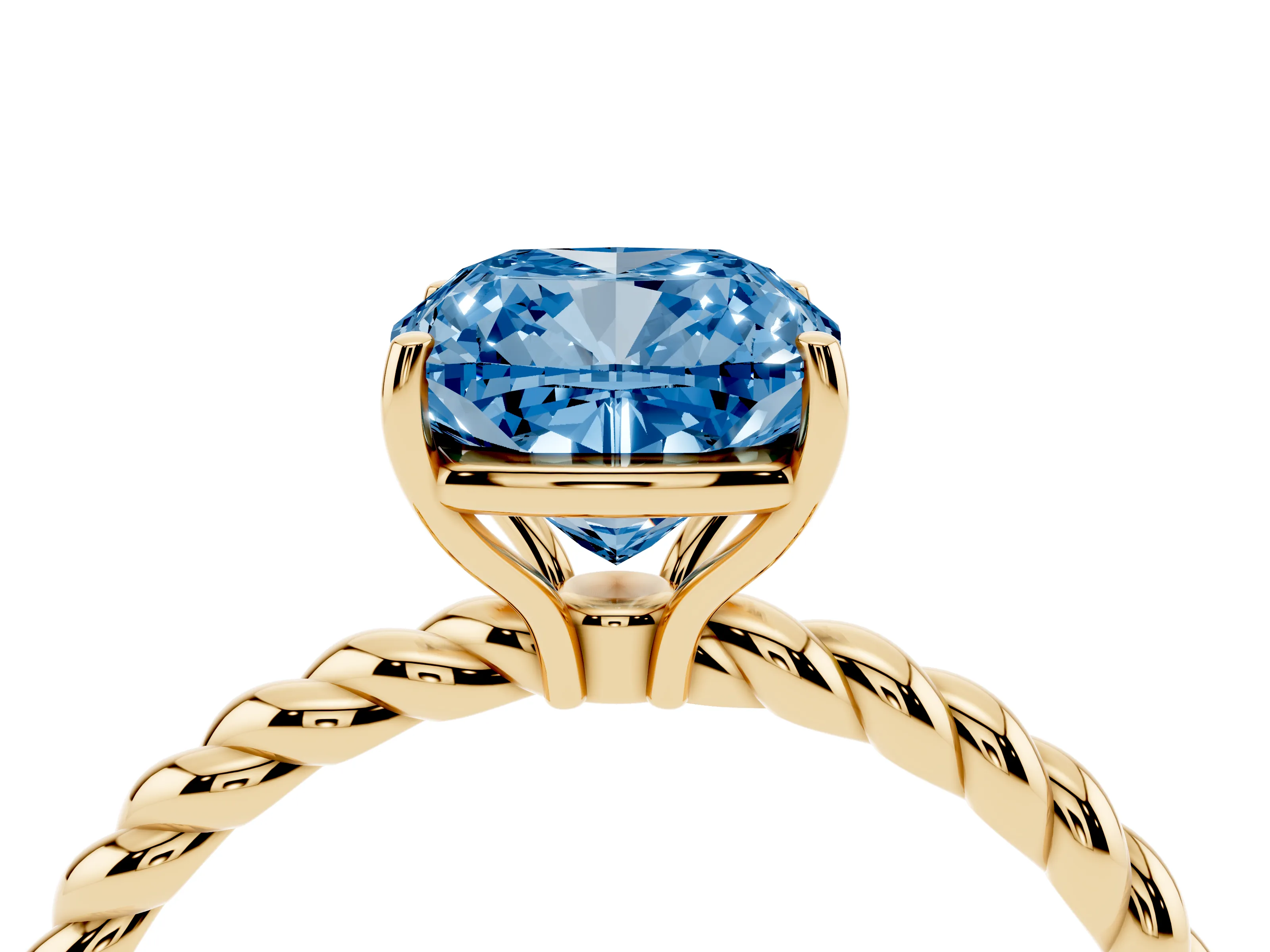 Fancy Blue Cushion Cut Diamond Solitaire Ring Set in Yellow gold with Twist Band and Prong Setting