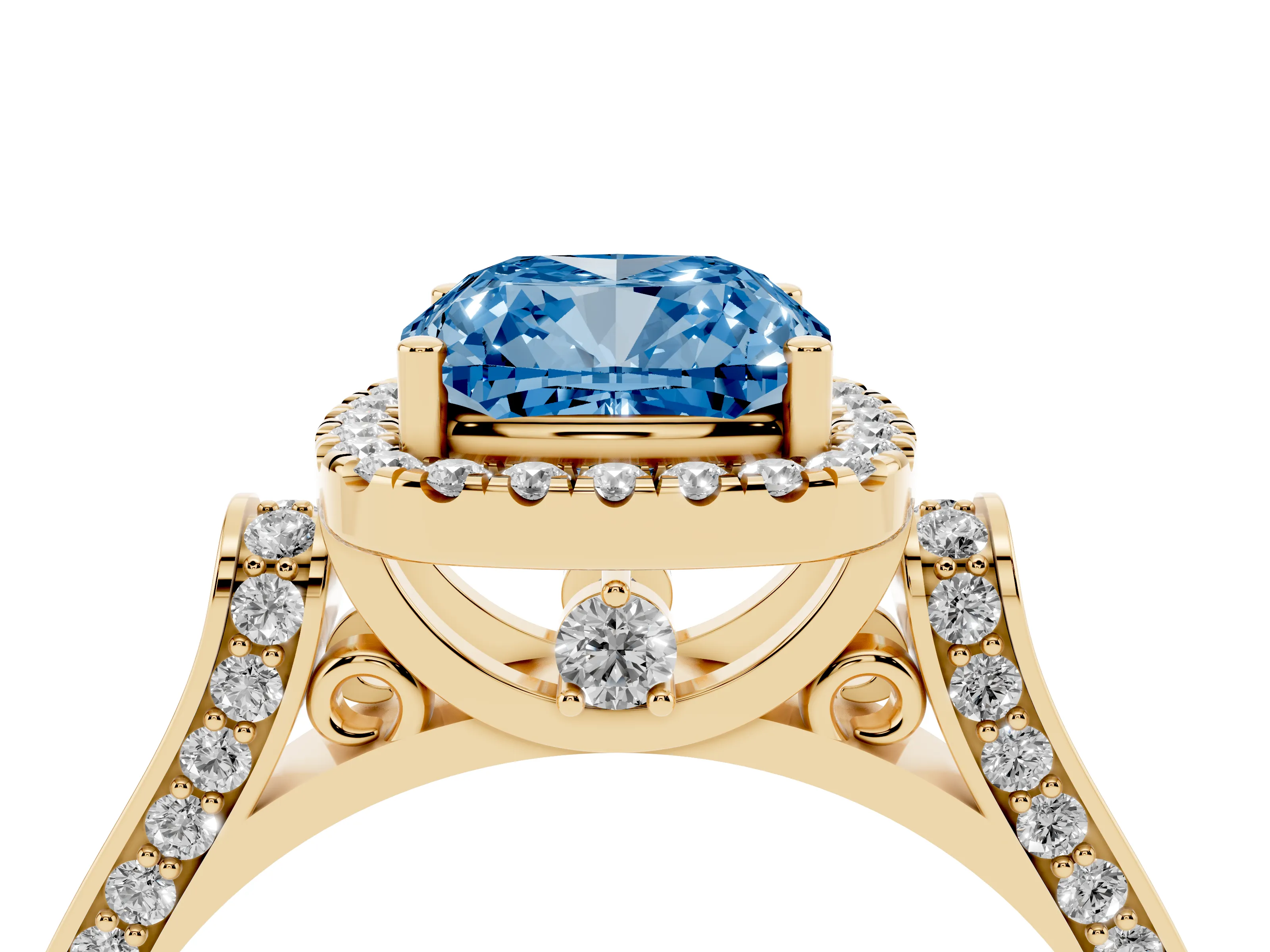 Fancy Blue Cushion Cut Diamond Halo Ring Set in Yellow gold with Pavé-Lined Split Shank Band