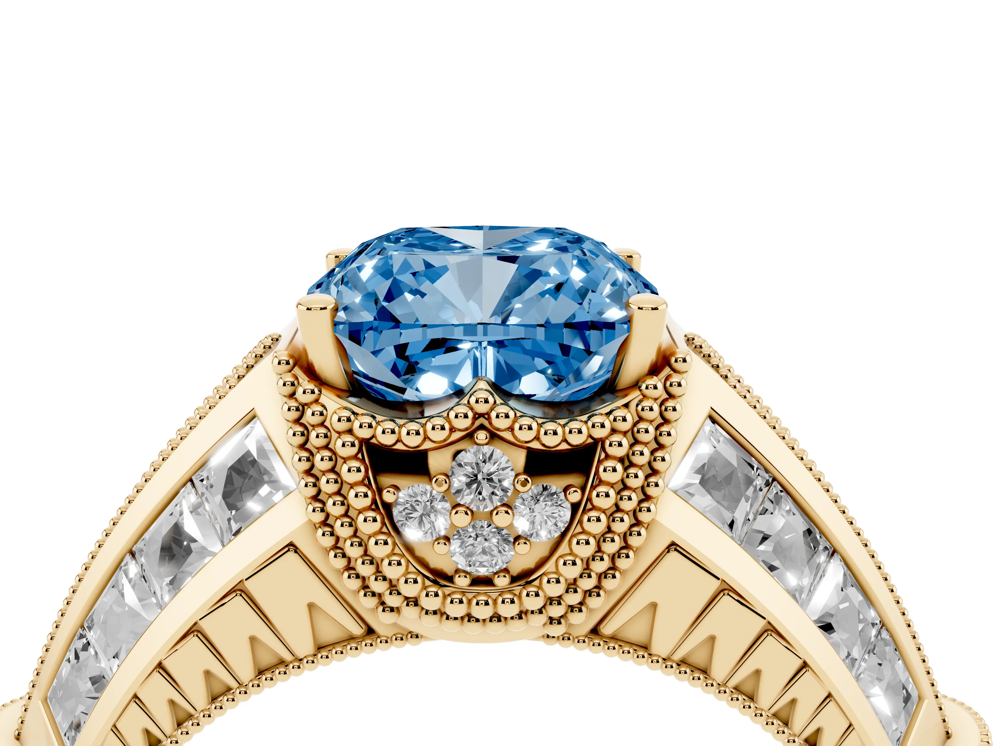 Fancy Blue Cushion Cut Diamond Vintage-Inspired Milgrain Ring Set in Yellow gold with Accent Split Shank