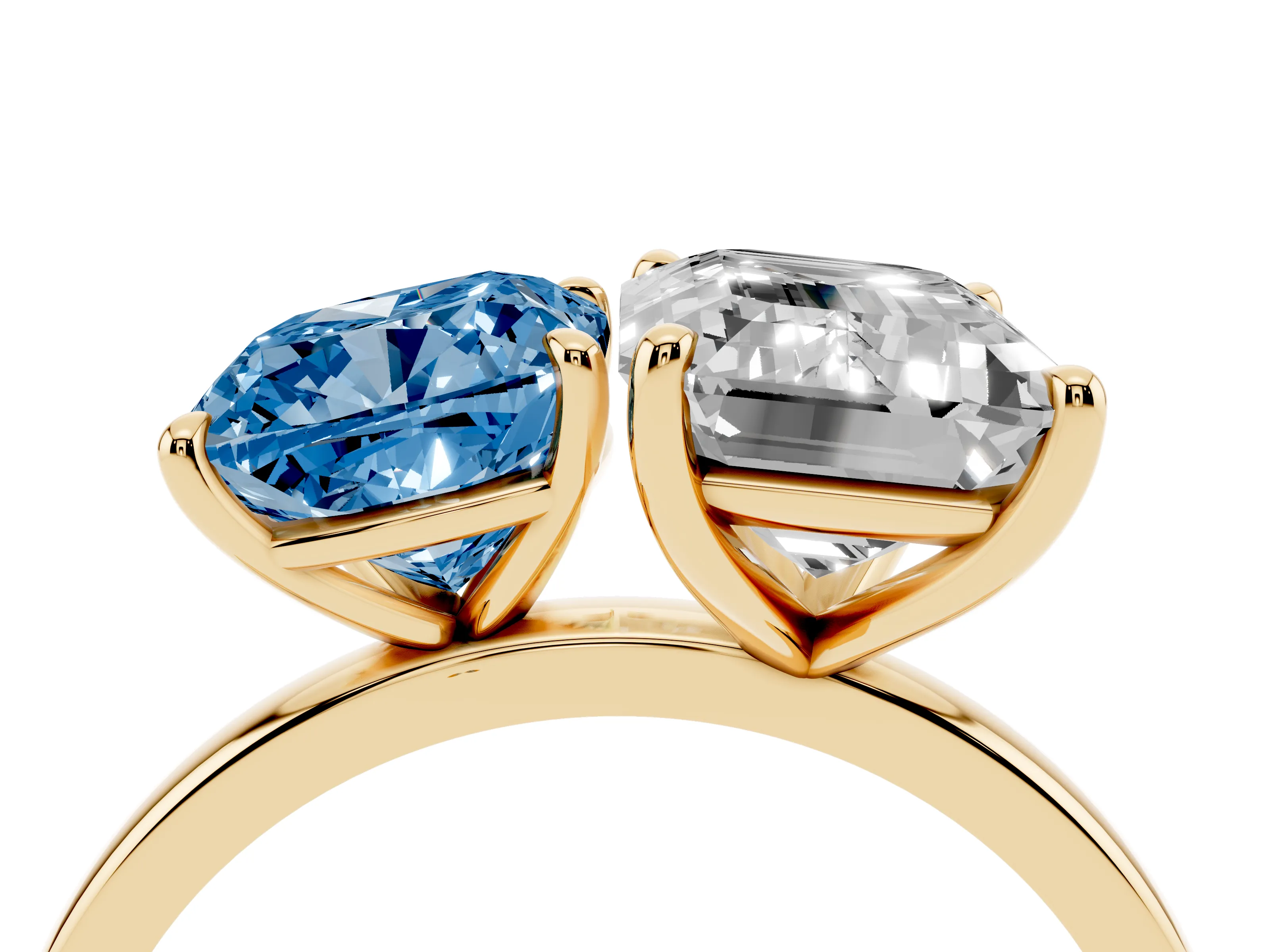 Fancy Blue Cushion Cut and Emerald Cut Toi Moi Ring Set in Yellow gold with Prong Setting