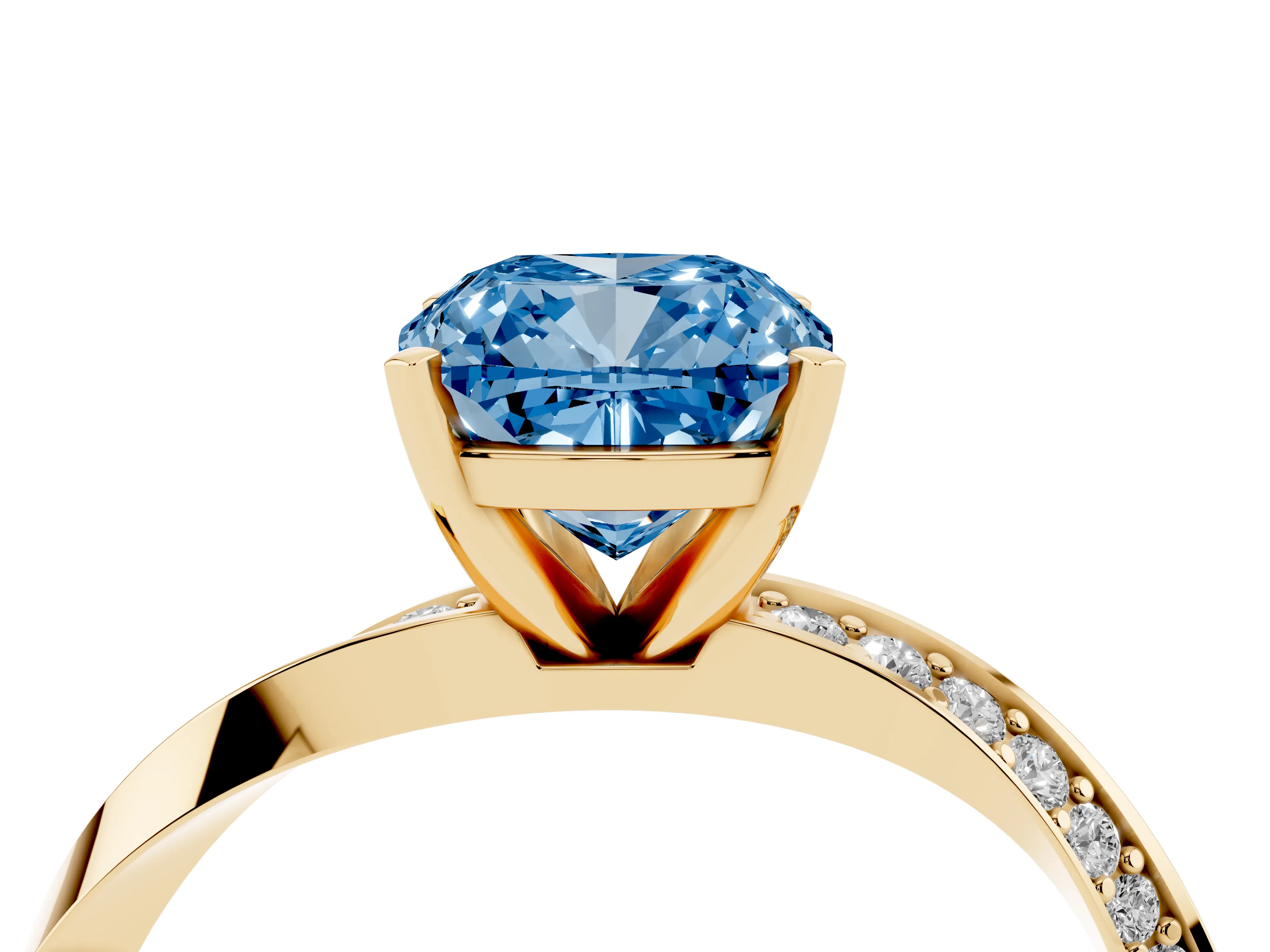 Fancy Blue Cushion Cut Diamond Engagement Ring Set in Yellow gold with Side Stone Accents and Prong Setting