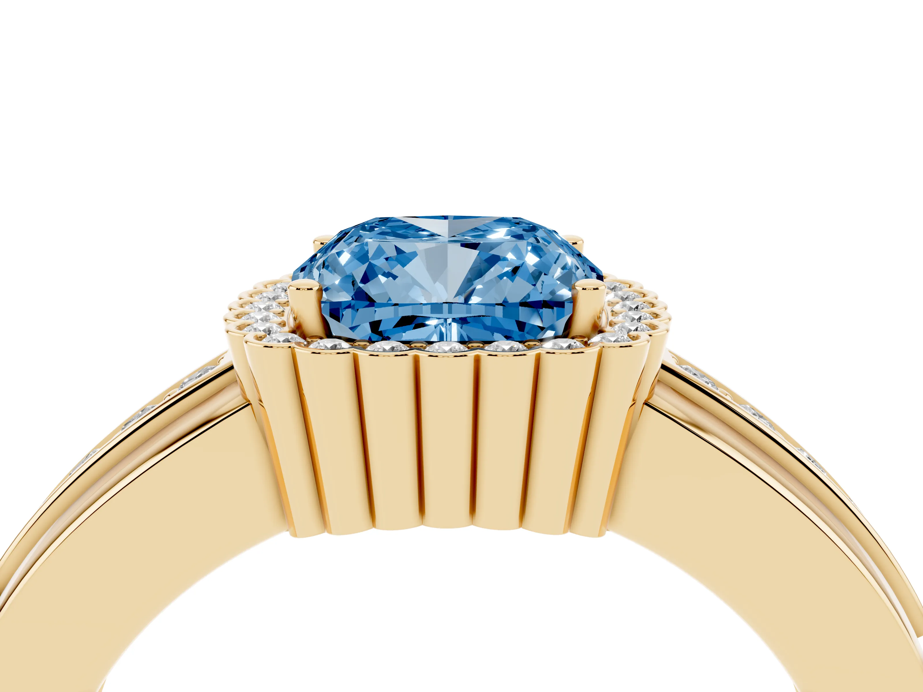Fancy Blue Cushion Cut Diamond Halo Prong Ring Set in Yellow gold with Pavé Band