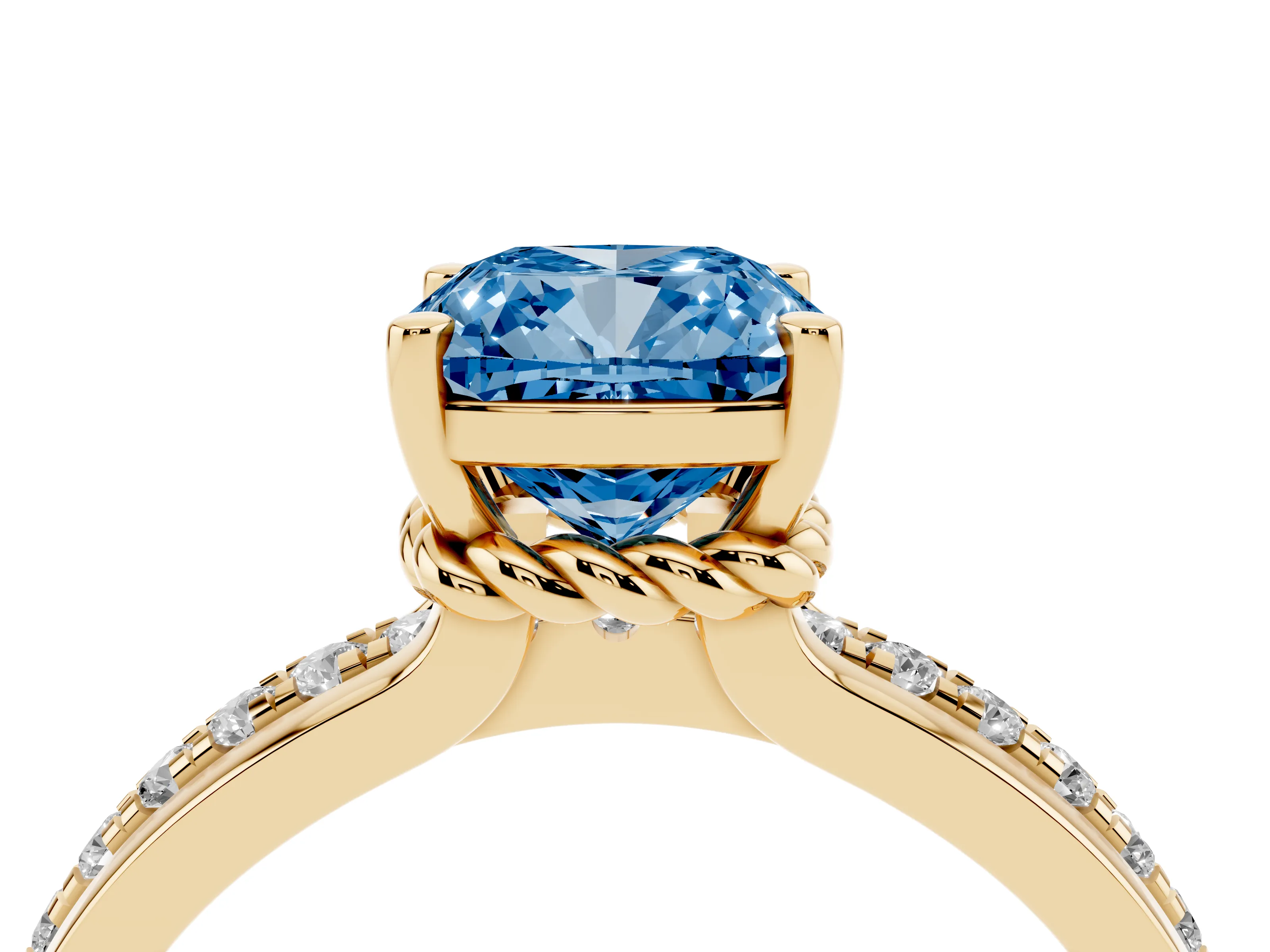 Fancy Blue Cushion Cut Diamond Solitaire Ring Set in Yellow gold with Channel Set Band and Prong Setting