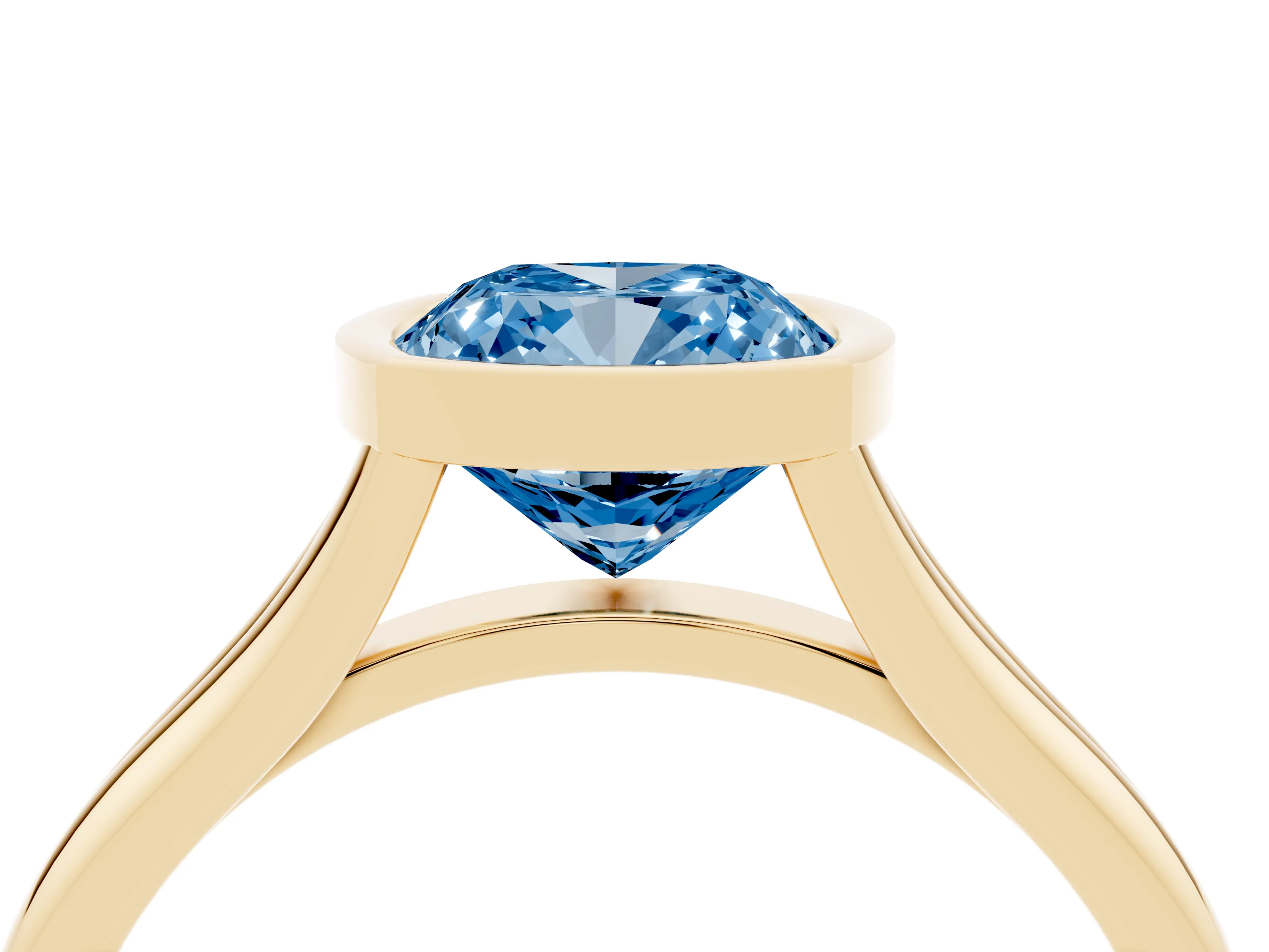 Fancy Blue Bezel Set Cushion Cut Diamond Solitaire Ring Set in Yellow gold with Tapered Band