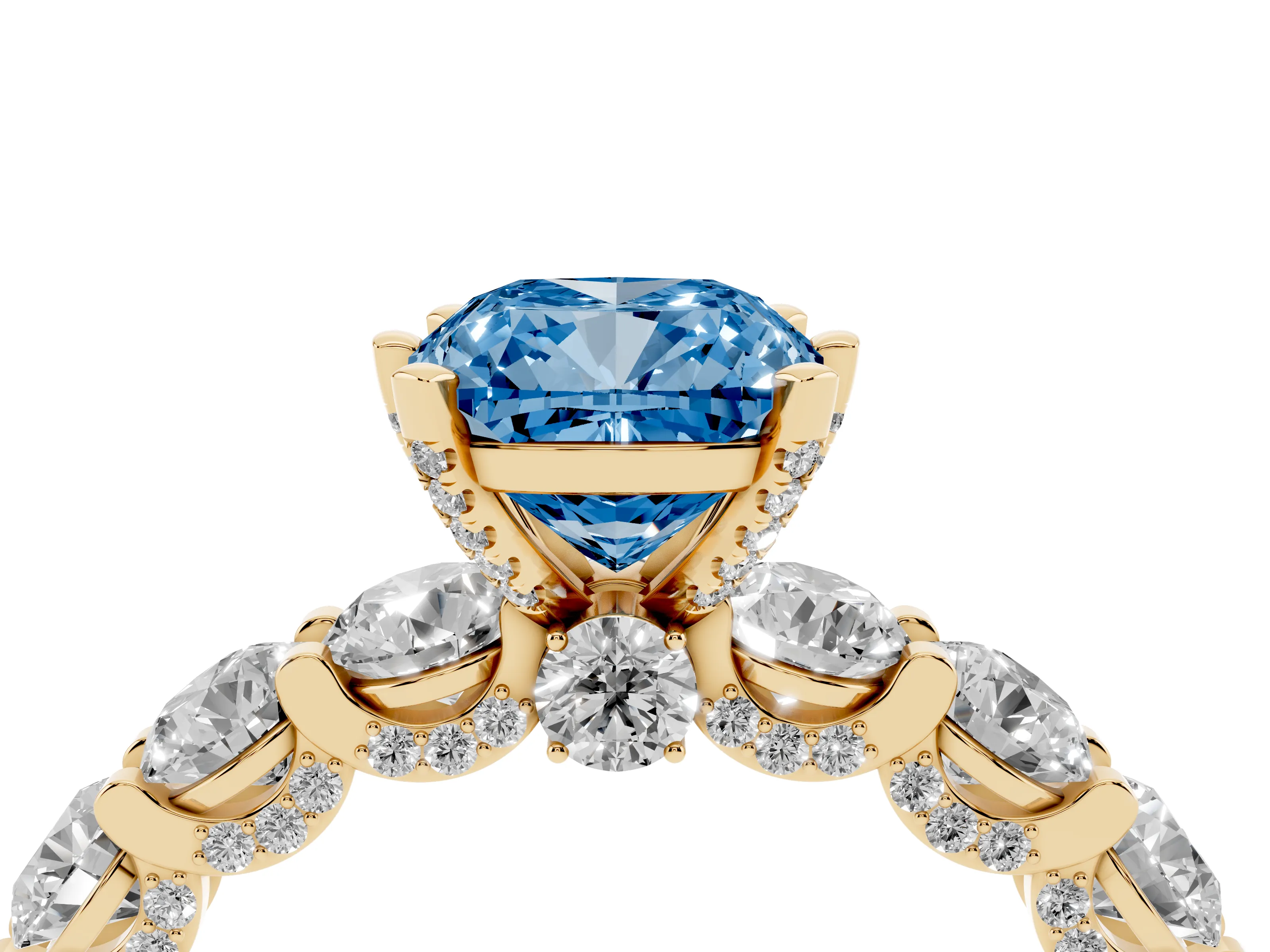 Fancy Blue Cushion Cut Diamond Side Stone Ring Set in Yellow gold with Alternating Round and Oval Side Stones