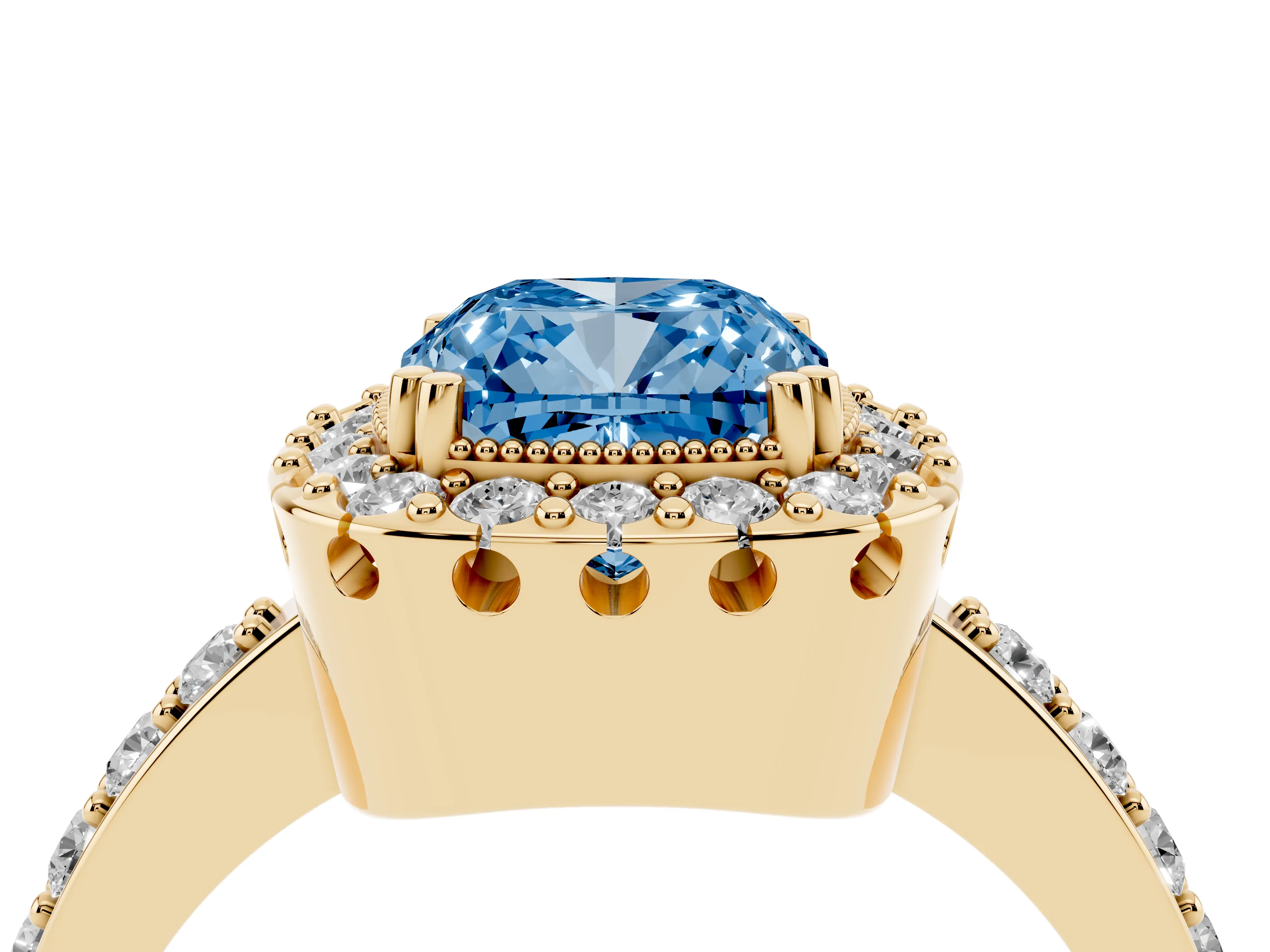 Fancy Blue Cushion Cut Diamond Halo Ring Set in Yellow gold with Pavé Shank and Prong Setting
