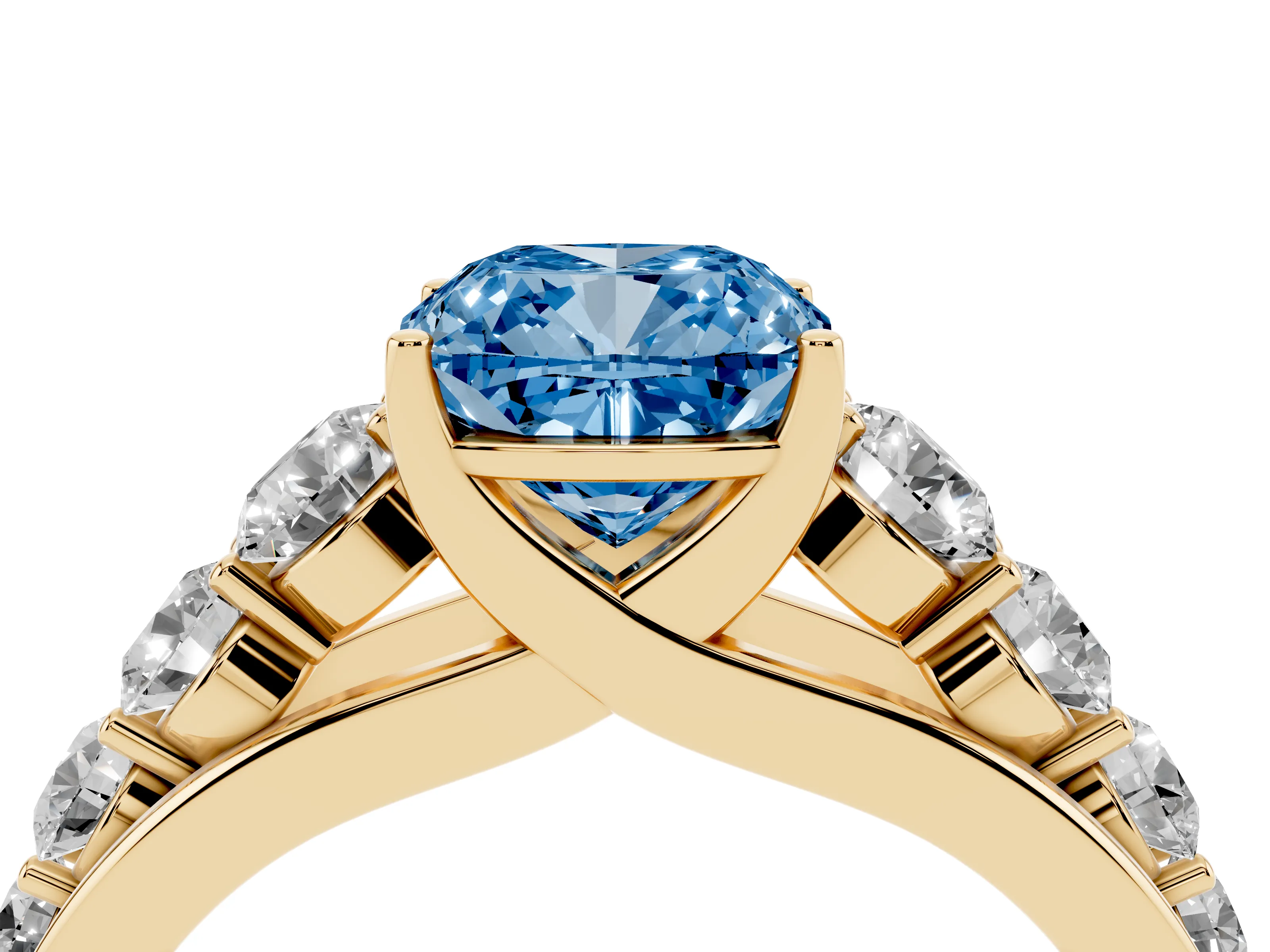 Fancy Blue Cushion Cut Diamond Solitaire Ring Set in Yellow gold with Pavé-Set Band and Prong Setting