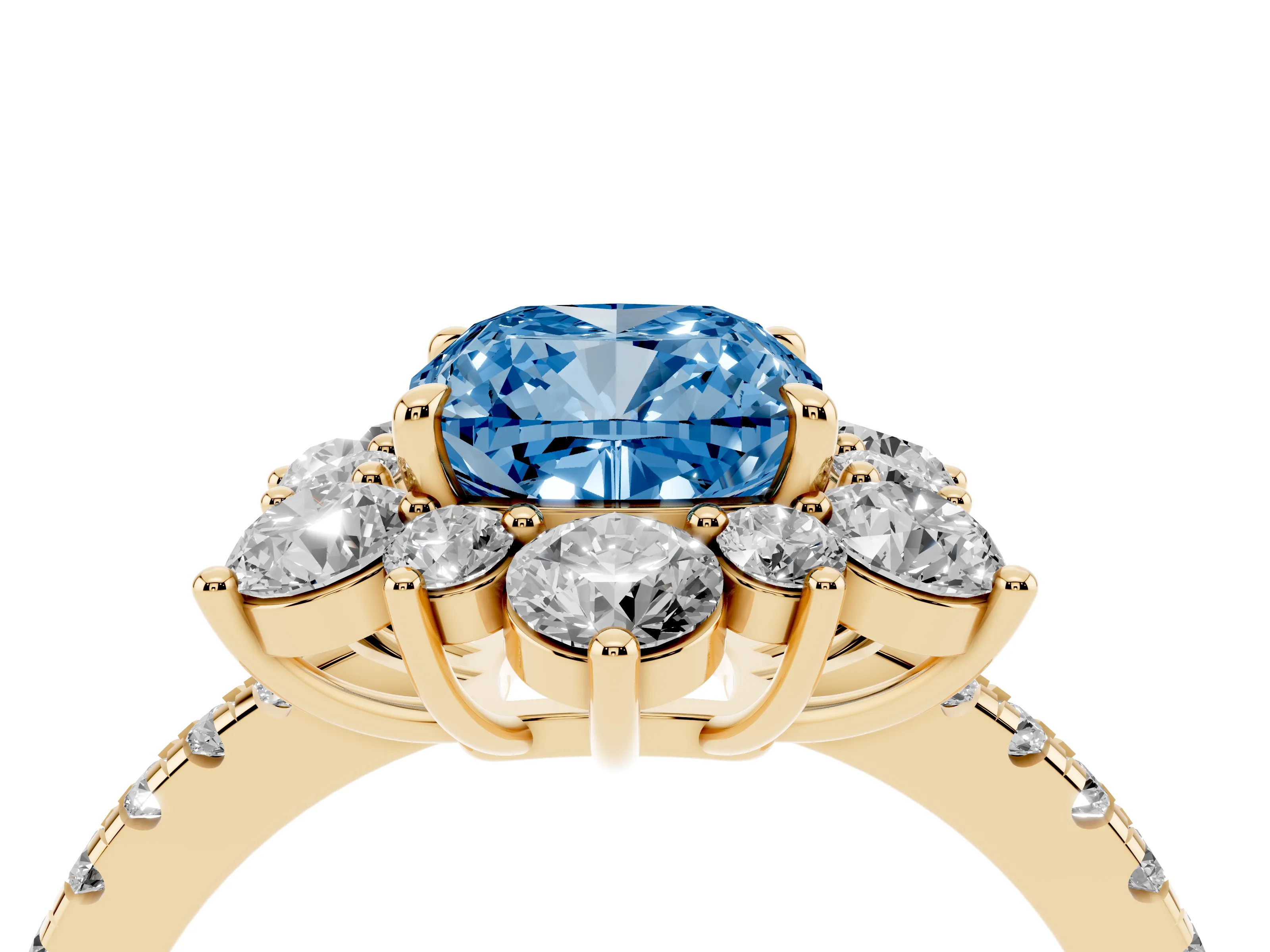 Fancy Blue Cushion Cut Diamond Floral Halo Ring Set in Yellow gold with Round Pavé Band and Prong Setting