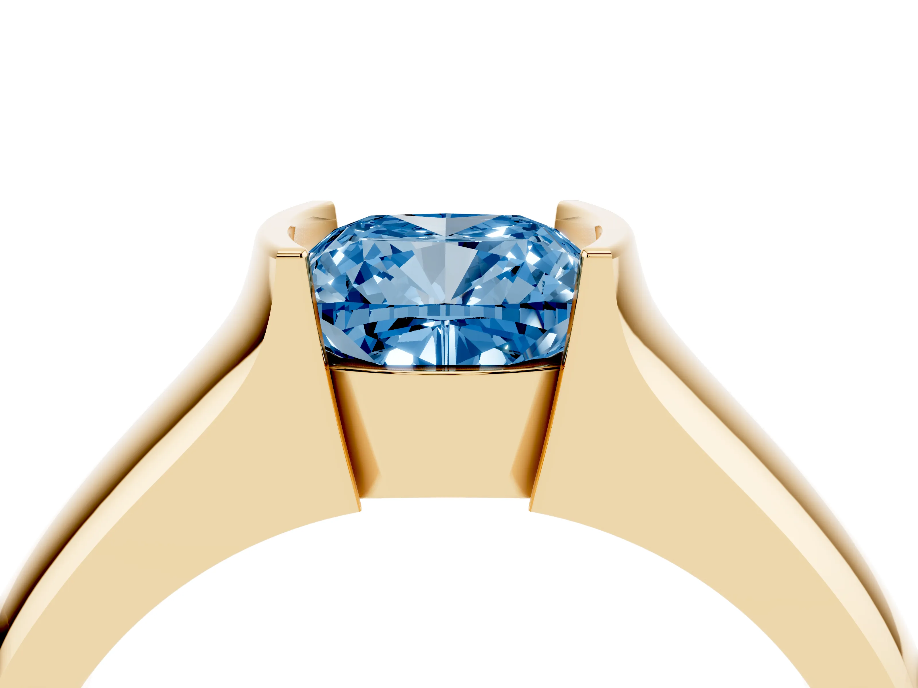 Fancy Blue Cushion Cut Diamond Bezel Solitaire Ring Set in Yellow gold with Wide Band