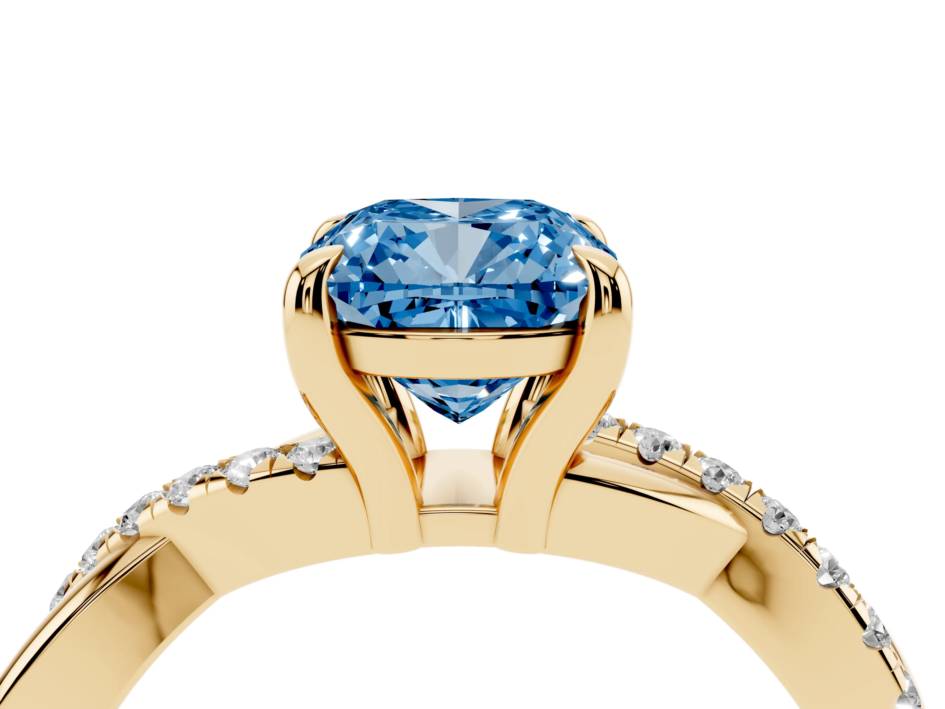Fancy Blue Cushion Cut Diamond Twist Band Pavé Solitaire Ring Set in Yellow gold with Prong Setting
