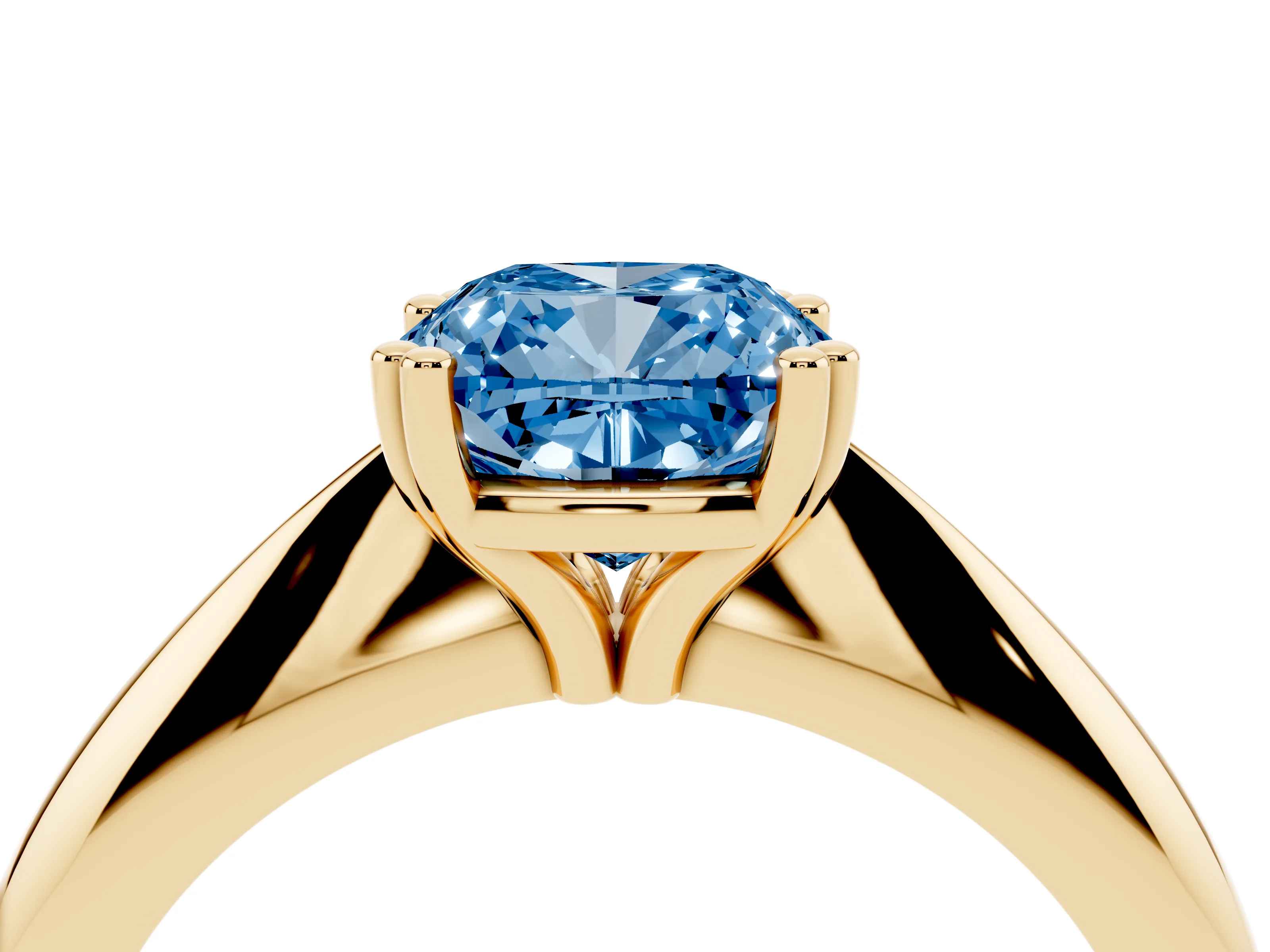 Fancy Blue Cushion Cut Diamond Solitaire Engagement Ring Set in Yellow gold with Tapered Band and Prong Setting