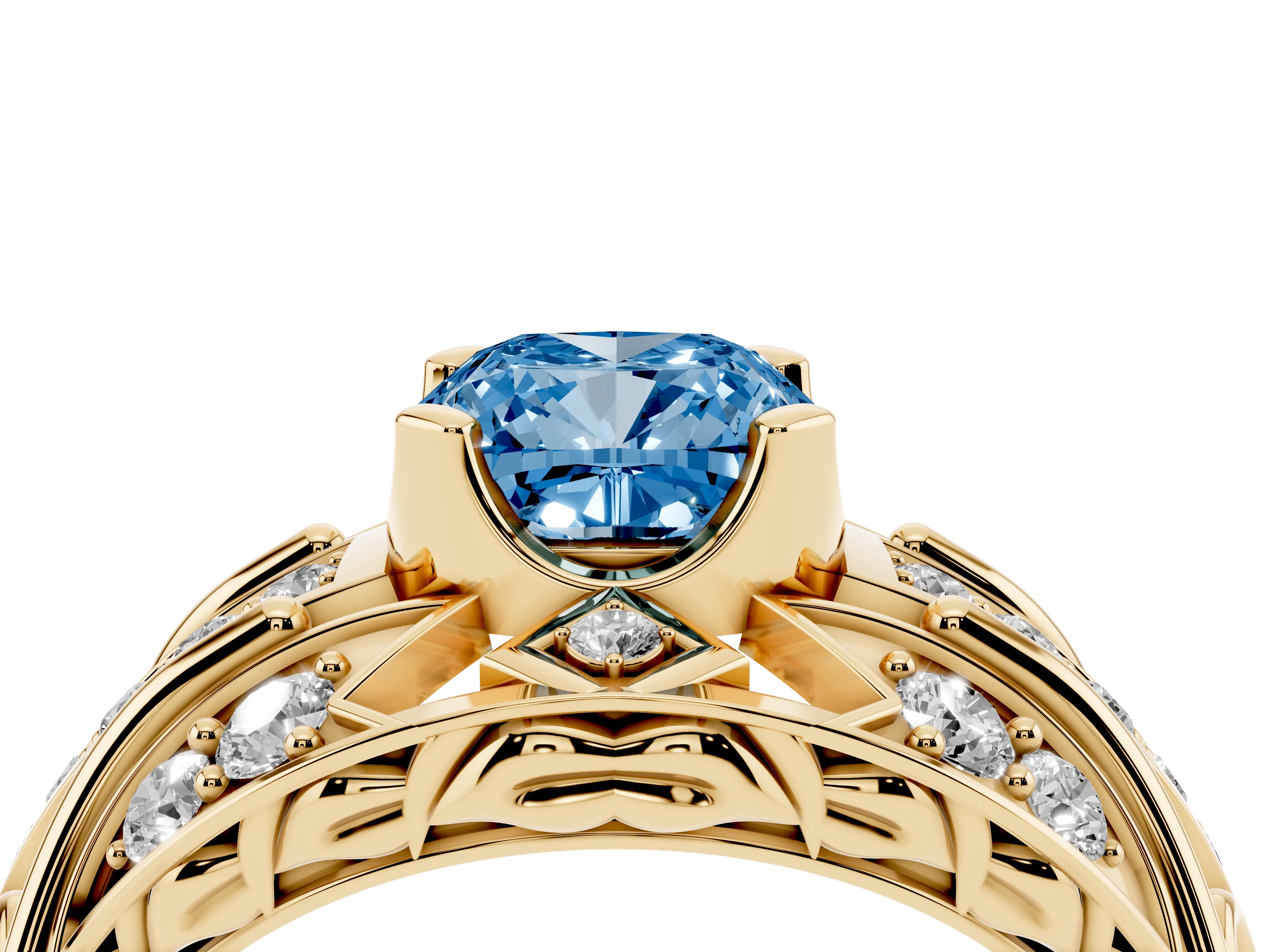 Fancy Blue Cushion Cut Diamond Art Deco Ring Set in Yellow gold with Pavé Split Shank
