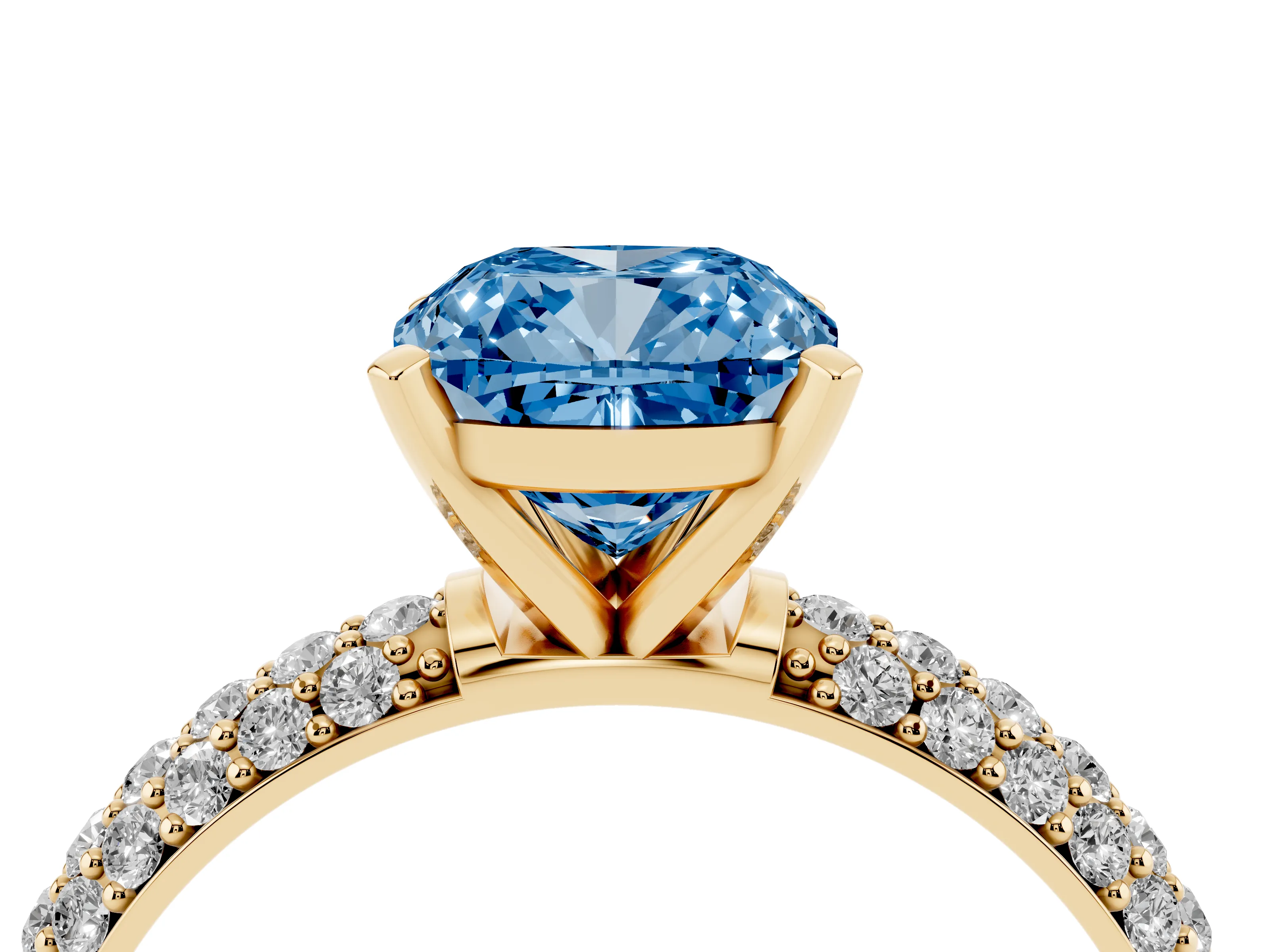 Fancy Blue Cushion Cut Diamond Solitaire Ring Set in Yellow gold with Prong Setting and Pavé-Set Band
