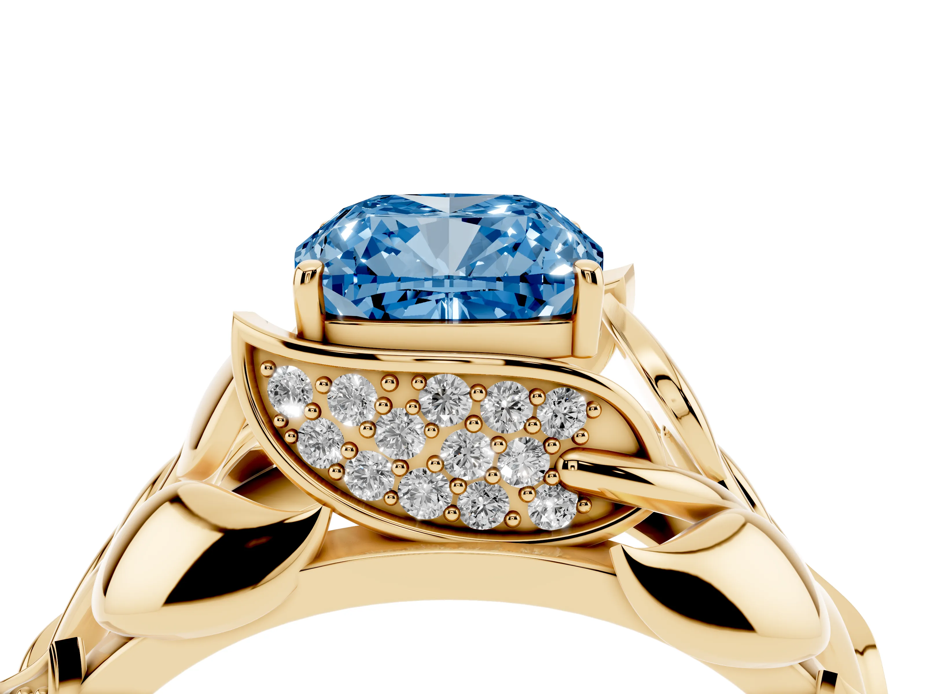 Fancy Blue Cushion Cut Diamond Leaf-Inspired Engagement Ring Set in Yellow gold with Round Accents