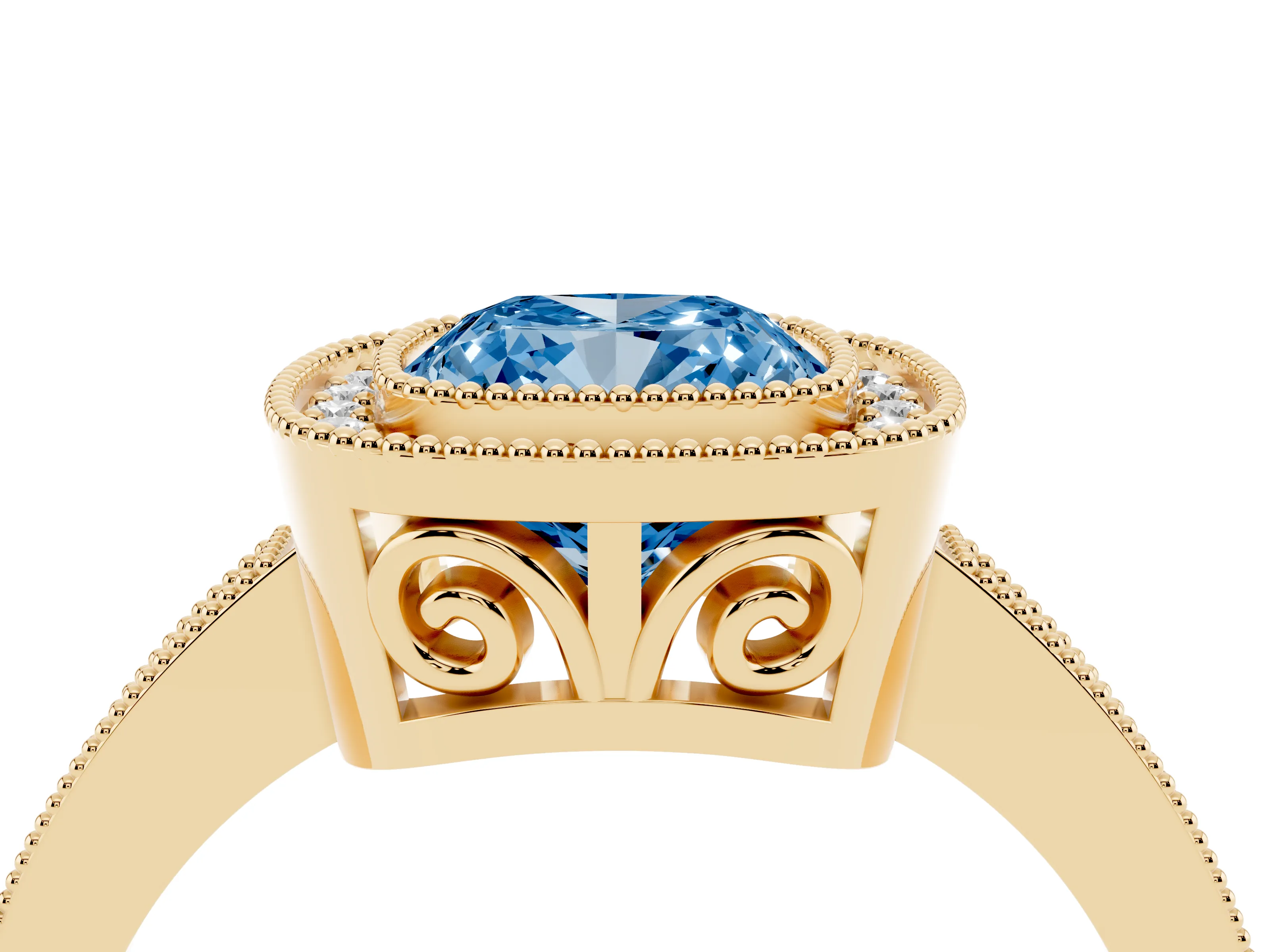 Fancy Blue Cushion Cut Diamond Round Halo Ring Set in Yellow gold with Pavé Band
