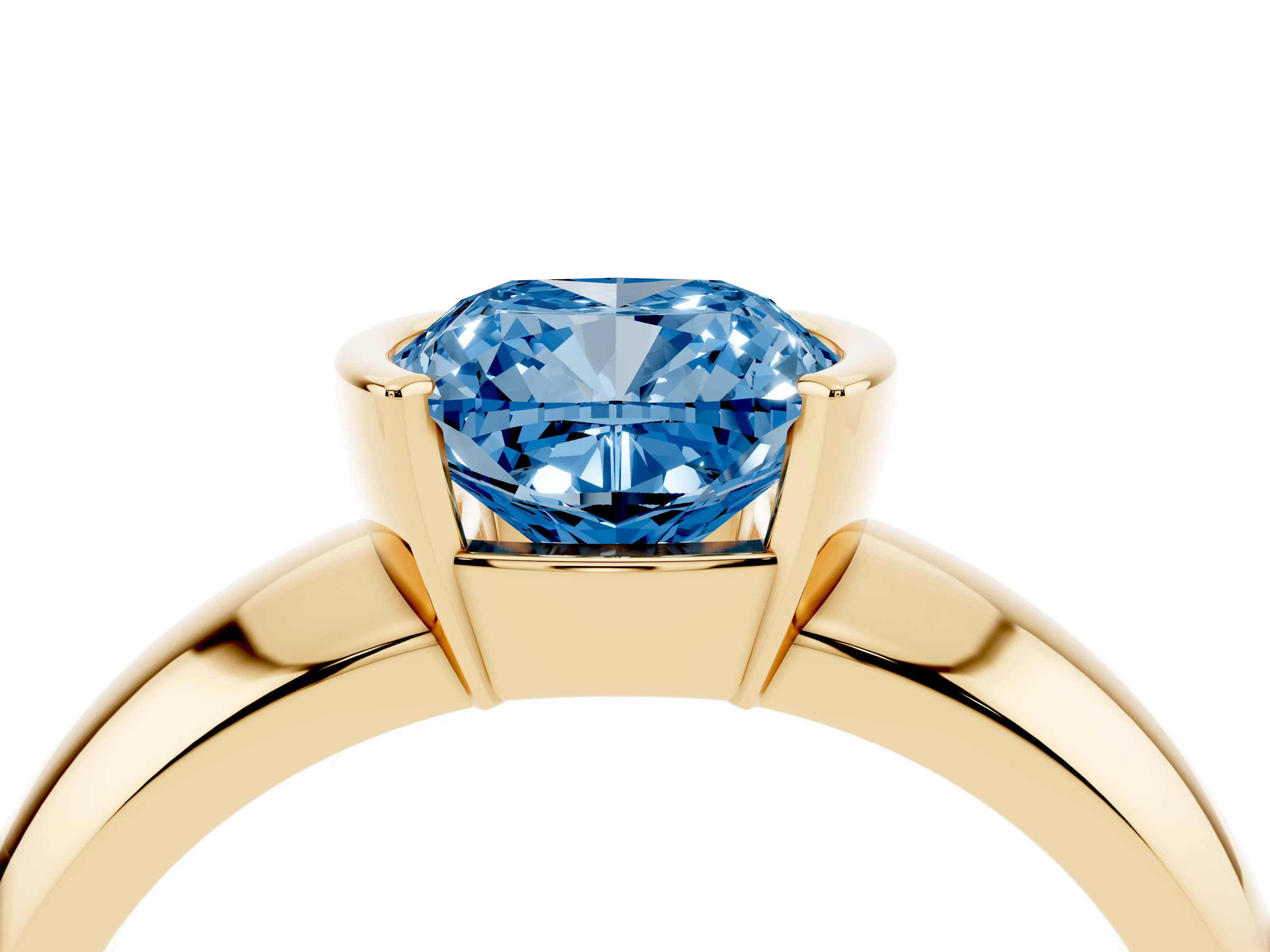 Fancy Blue Cushion Cut Diamond Solitaire Tension Set Ring Set in Yellow gold with Wide Band