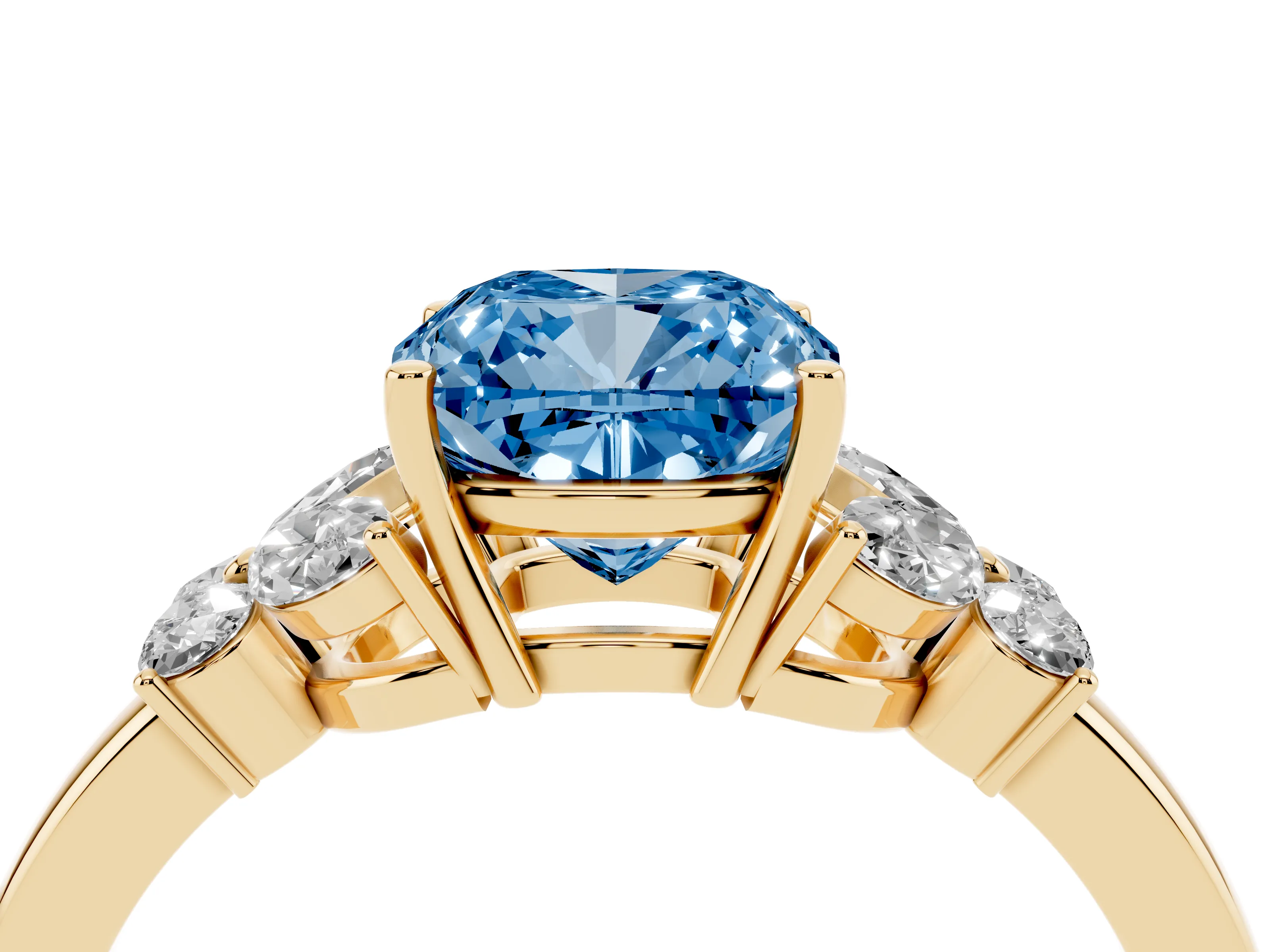 Fancy Blue Cushion Cut Diamond Solitaire Floral Ring Set in Yellow gold with Marquise Petals and Prong Setting