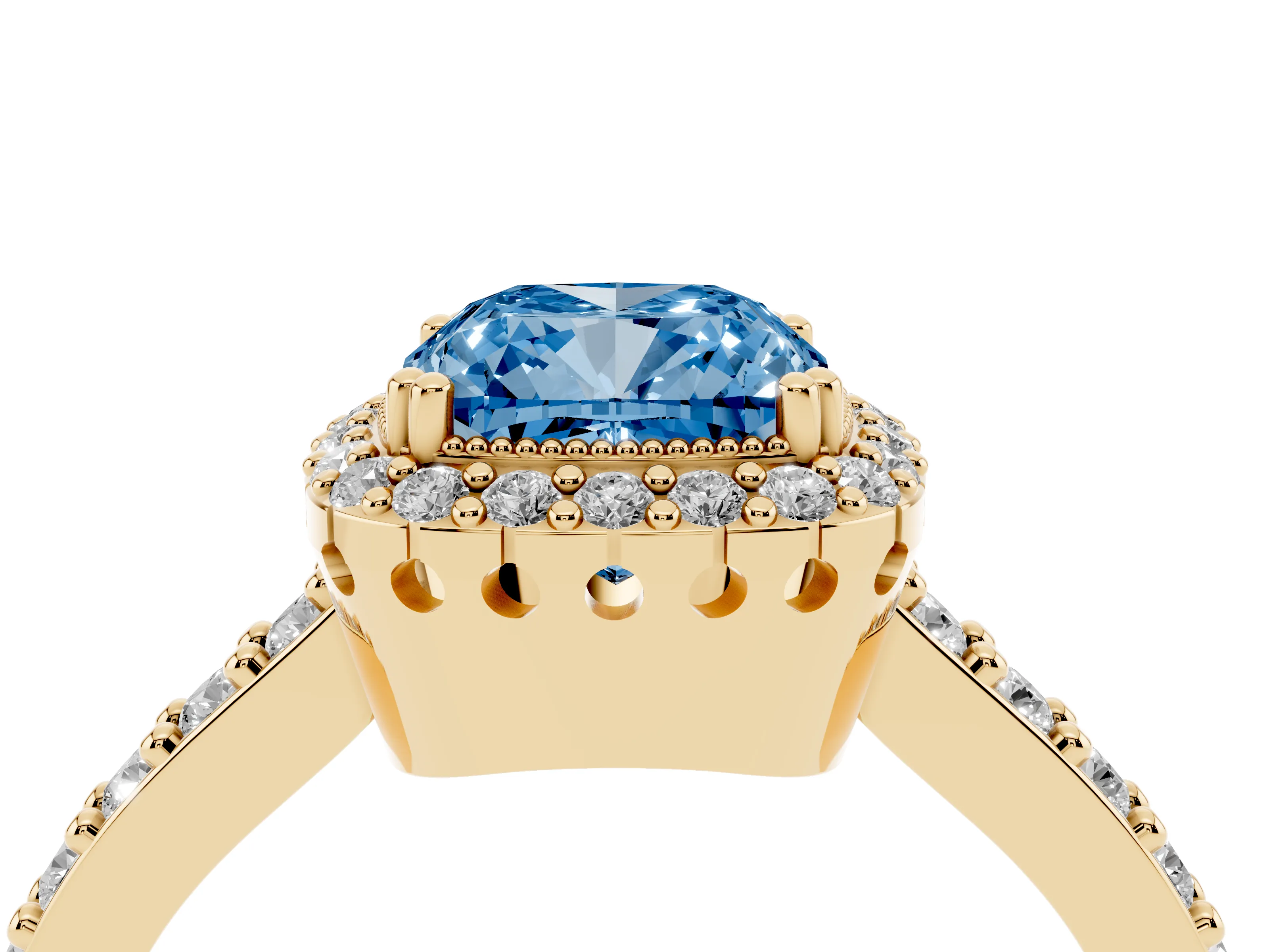 Fancy Blue Cushion Cut Diamond Halo Engagement Ring Set in Yellow gold with Milgrain Detail and Pavé Band