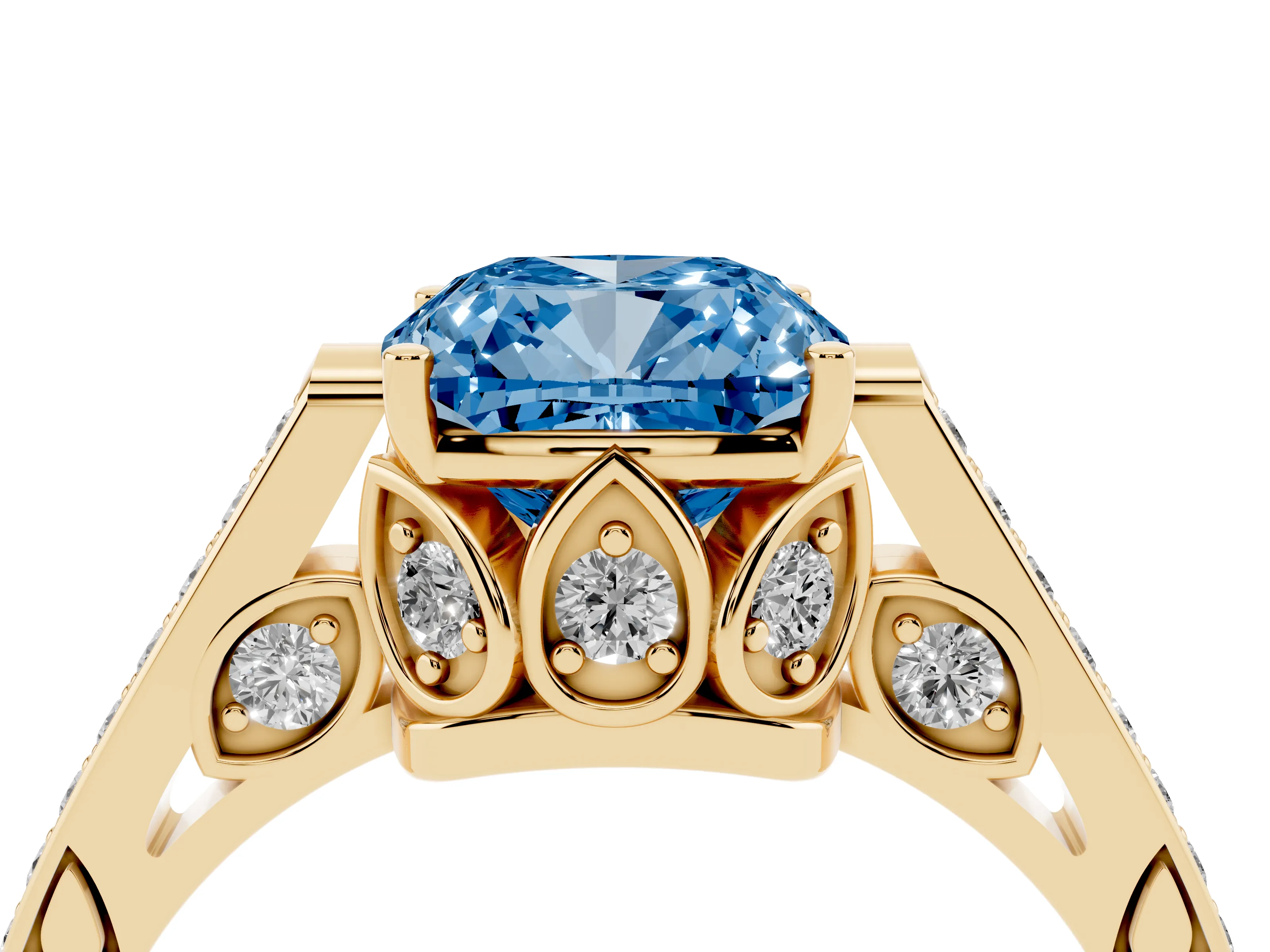 Fancy Blue Cushion Cut Diamond Cathedral Pavé Engagement Ring Set in Yellow gold with Prong Setting