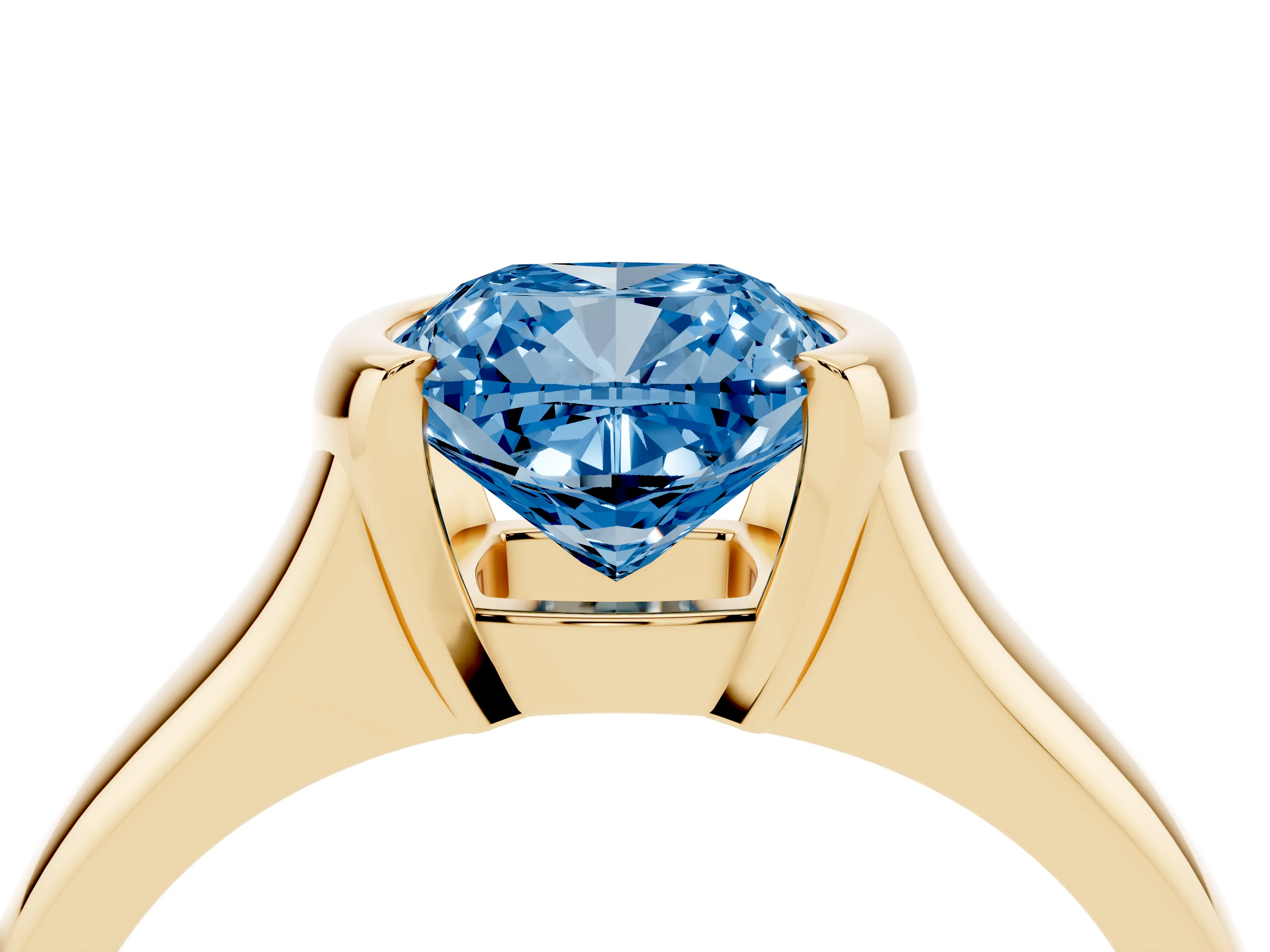 Fancy Blue Cushion Cut Diamond Solitaire Tension Set Ring Set in Yellow gold with Split Shank Band