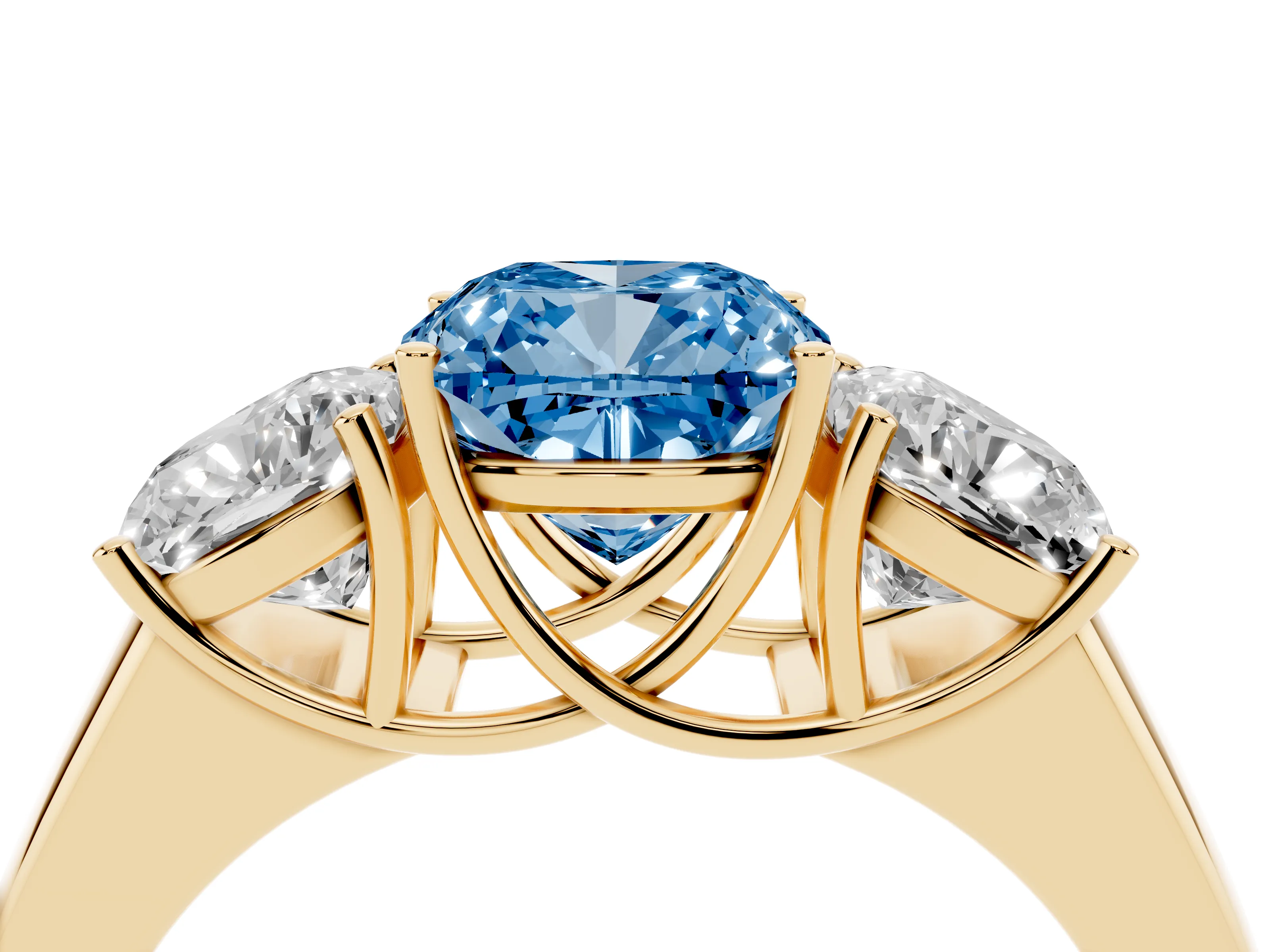 Fancy Blue Three-Stone Cushion Cut Diamond Ring Set in Yellow gold with Matching Prong Settings and Plain Band