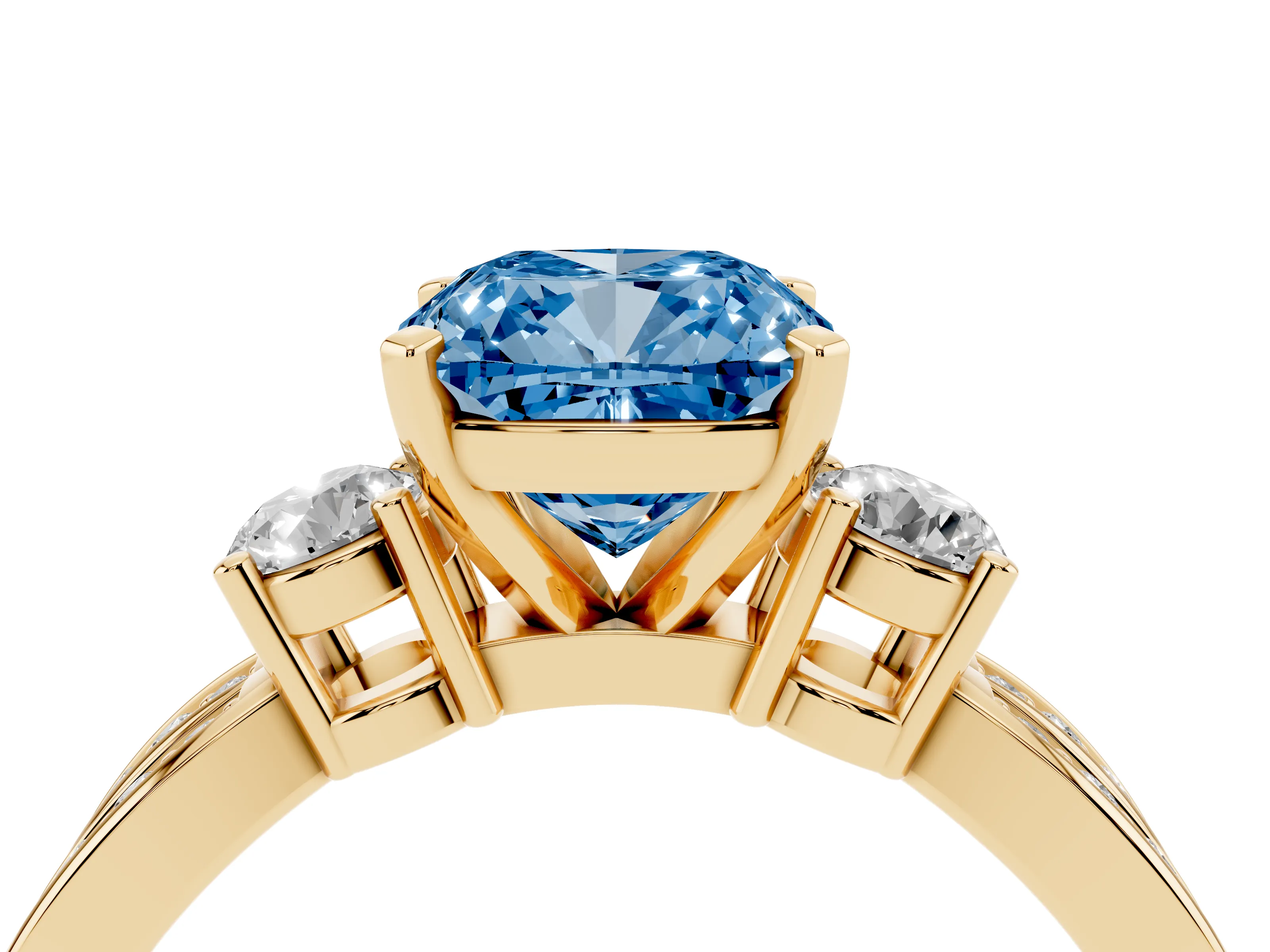 Fancy Blue Three-Stone Cushion Cut Diamond Twist Band Ring Set in Yellow gold with Pavé Accents and Prong Setting
