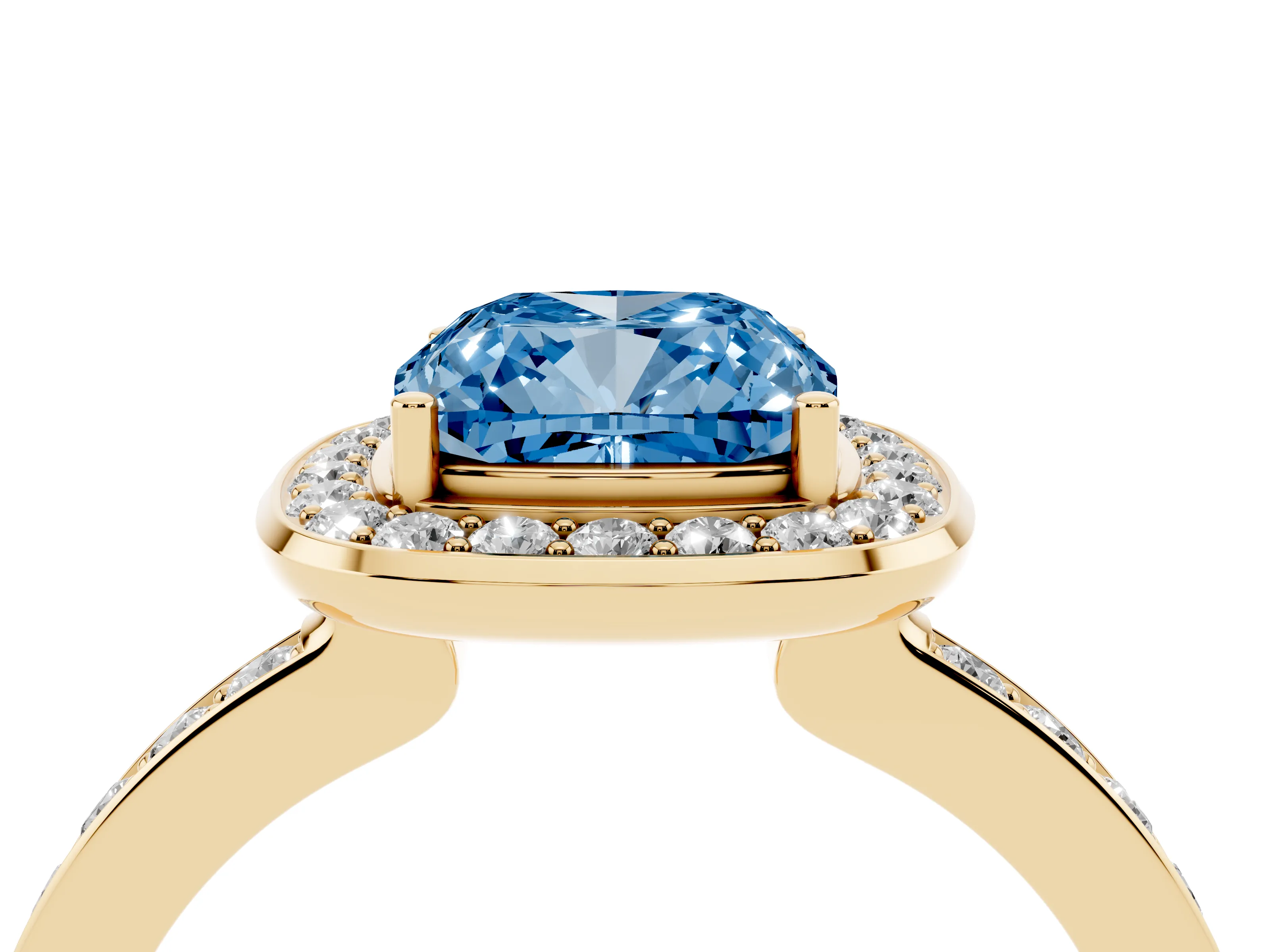 Fancy Blue Cushion Cut Diamond Halo Ring Set in Yellow gold with Bezel Frame and Pavé Band