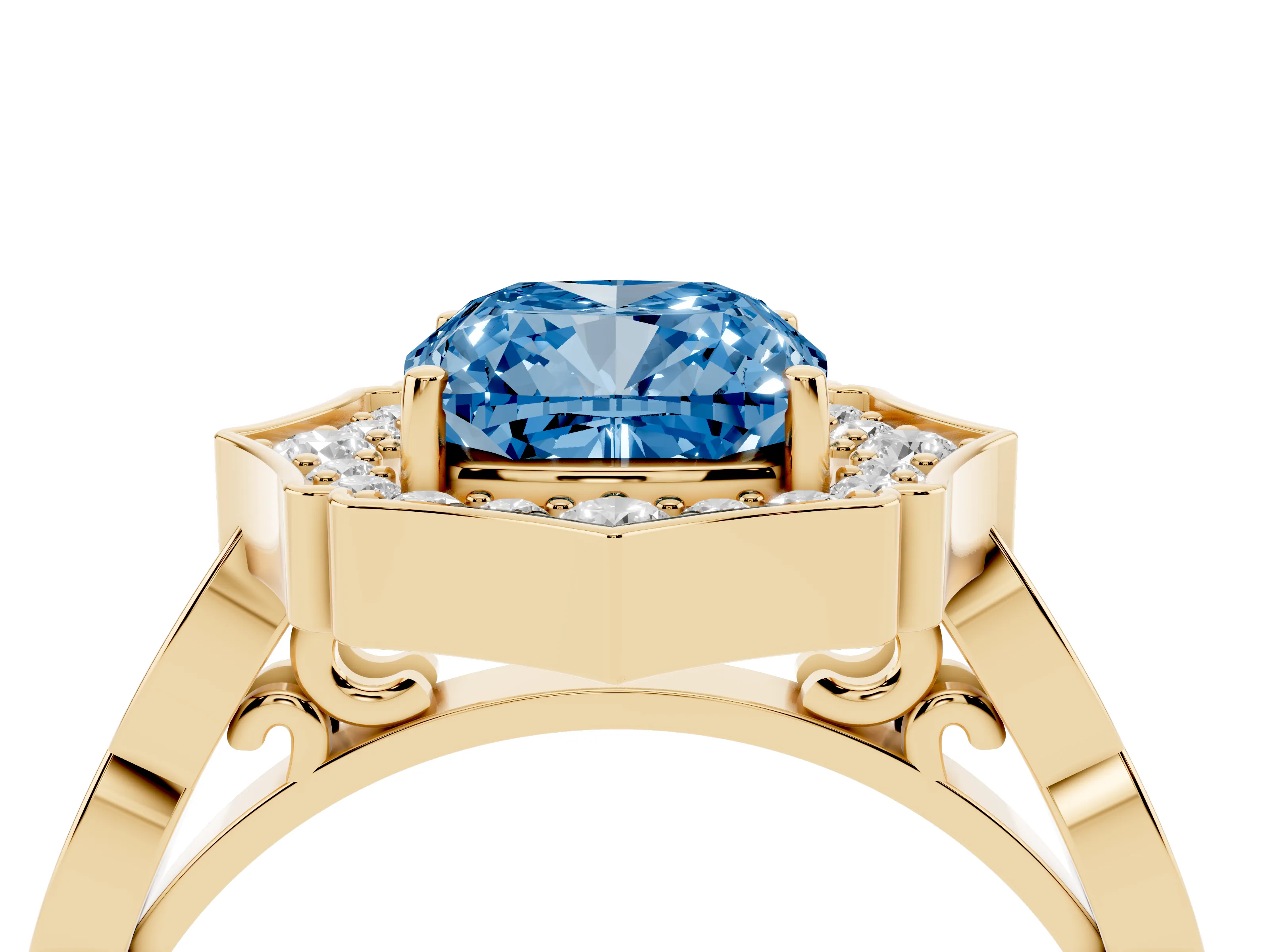 Fancy Blue Cushion Cut Diamond Halo Engagement Ring Set in Yellow gold with Milgrain Band and Prong Setting