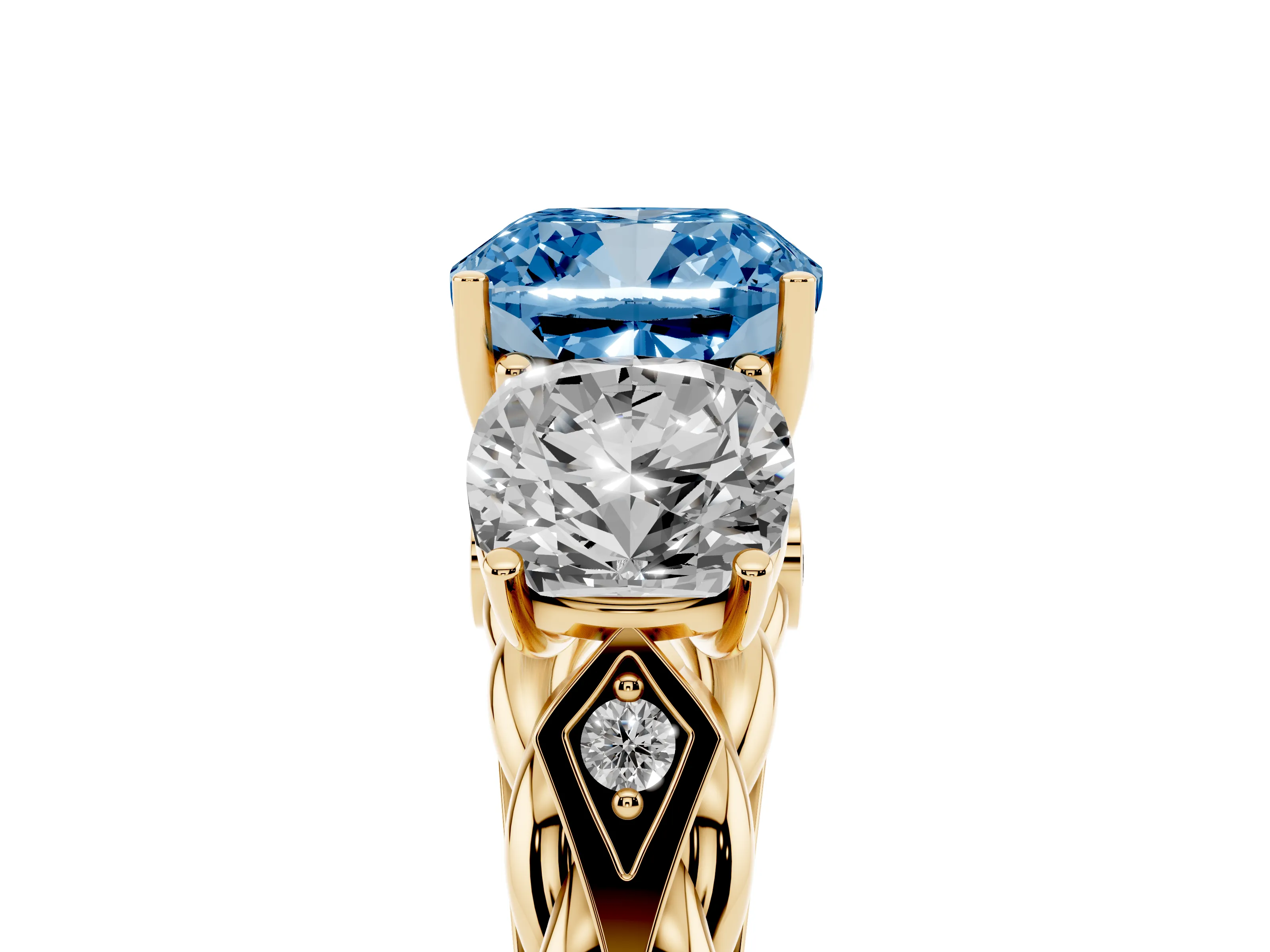 Fancy Blue Cushion Cut Diamond Three-Stone Ring Set in Yellow gold with Braided Band