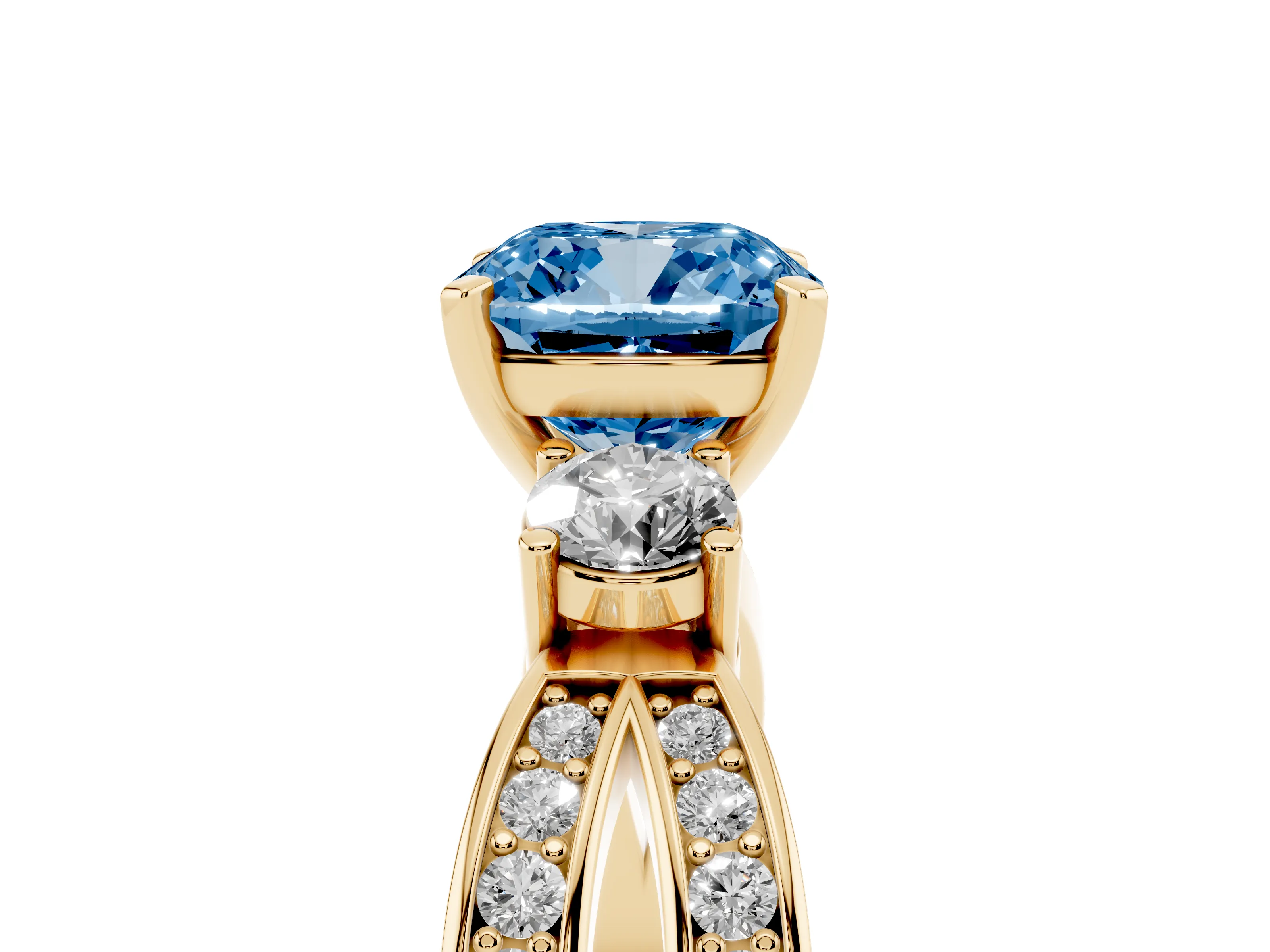 Fancy Blue Three-Stone Cushion Cut Diamond Twist Band Ring Set in Yellow gold with Pavé Accents and Prong Setting