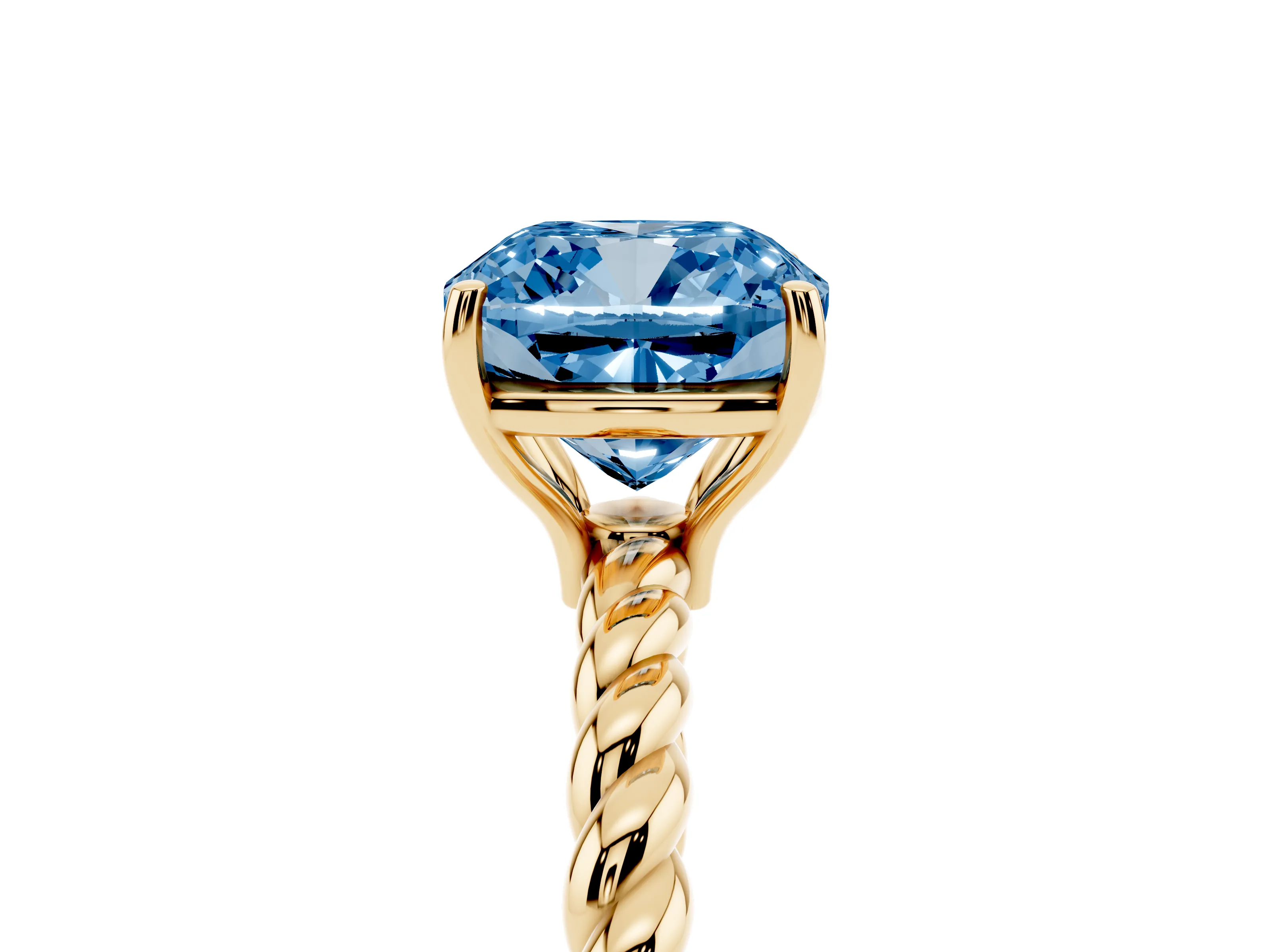 Fancy Blue Cushion Cut Diamond Solitaire Ring Set in Yellow gold with Twist Band and Prong Setting