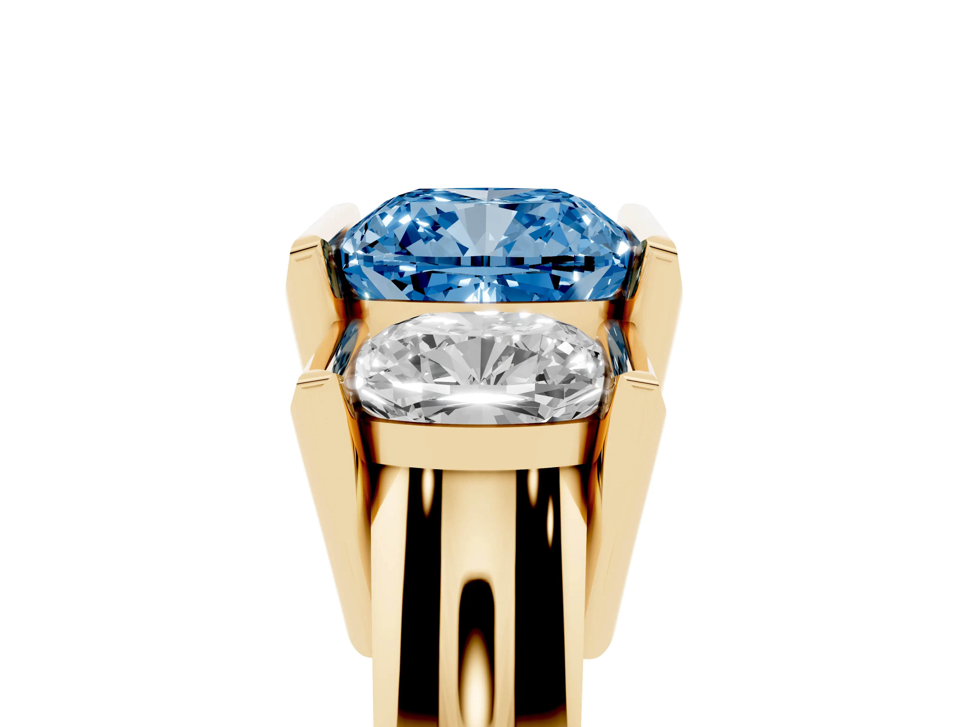 Fancy Blue Cushion Cut Diamond Three-Stone Channel Set Ring Set in Yellow gold with Smooth Polished Band