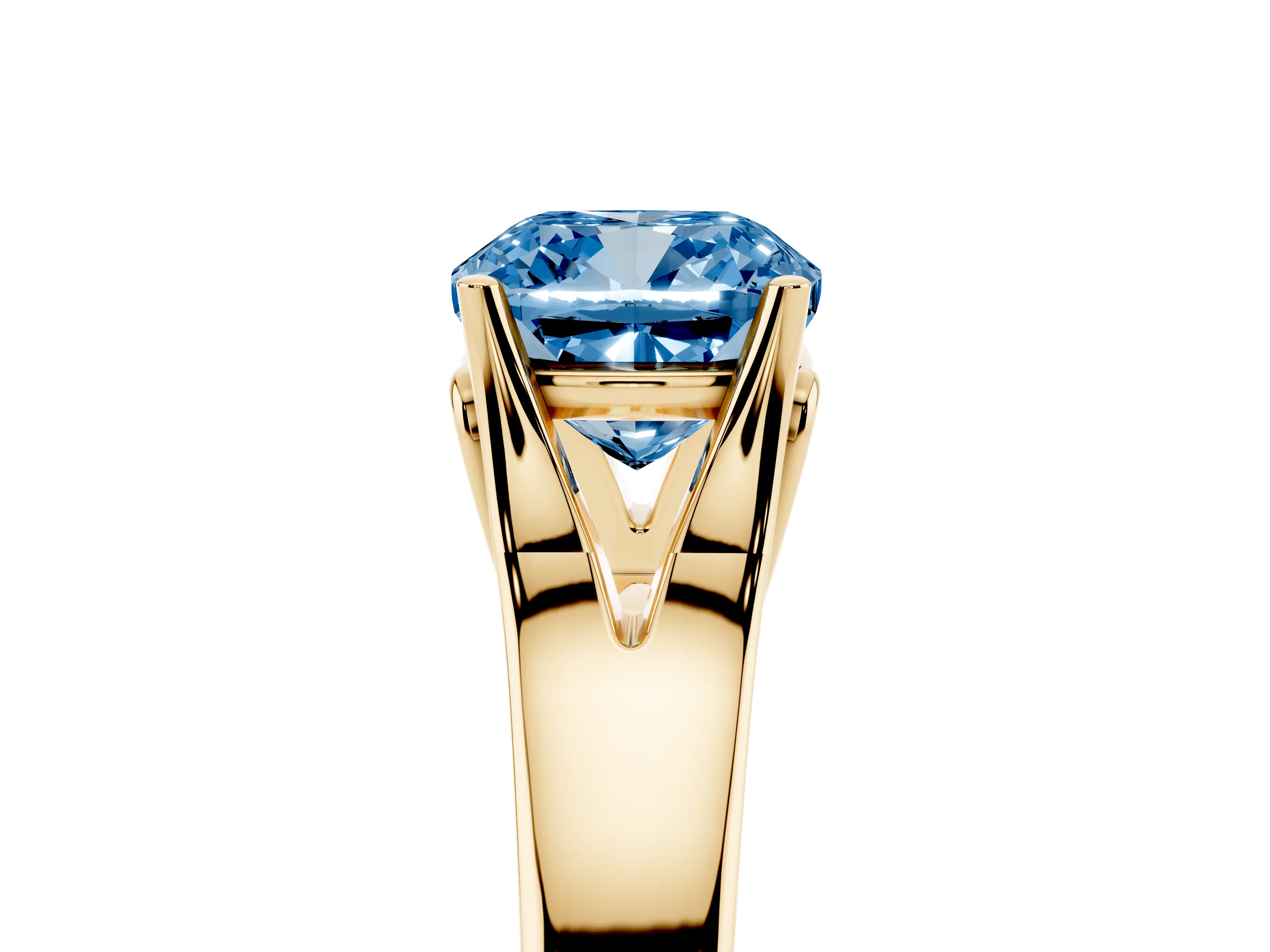 Fancy Blue Cushion Cut Diamond Solitaire Ring Set in Yellow gold with Arched Cathedral Band and Prong Setting