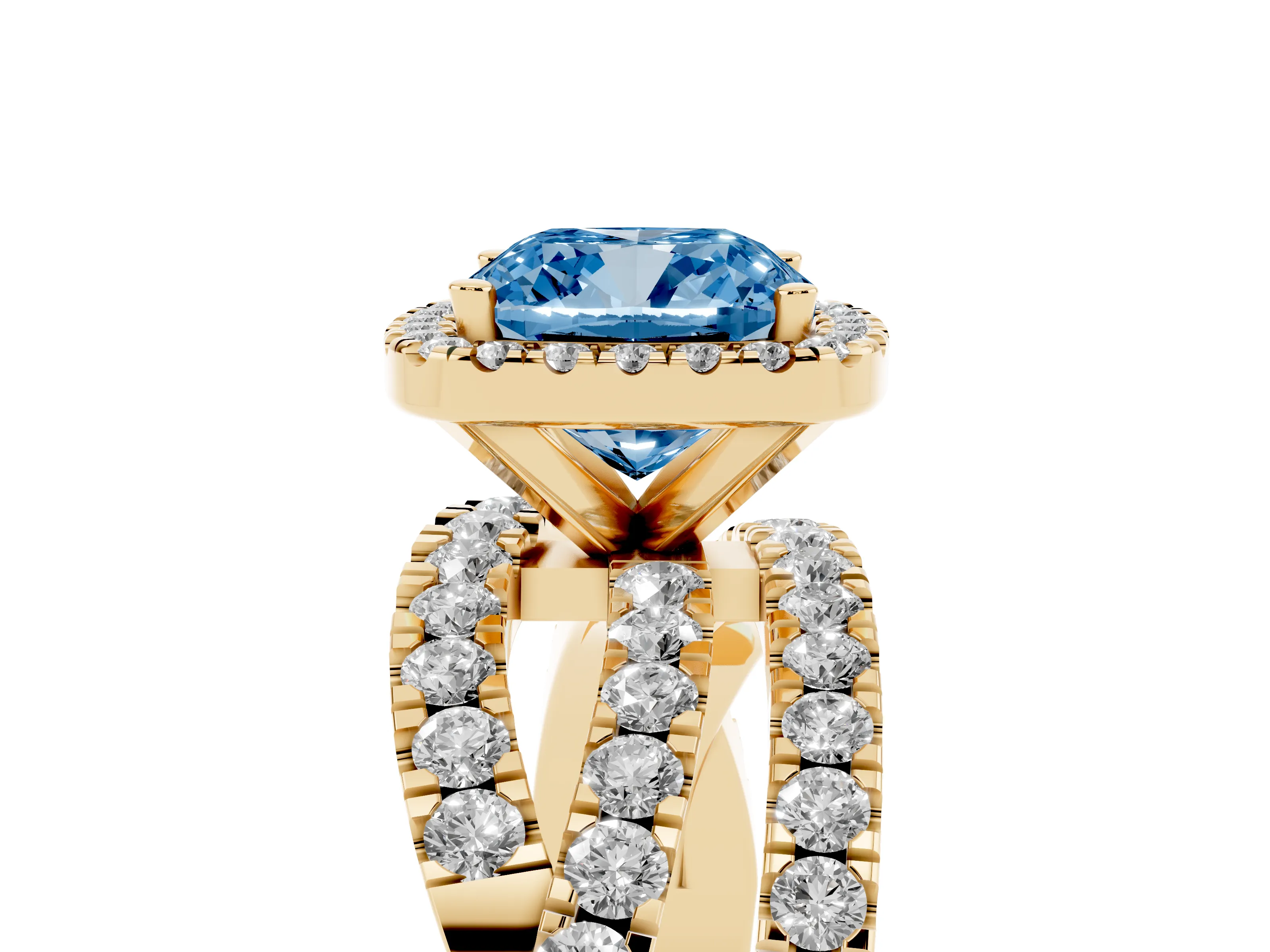 Fancy Blue Cushion Cut Diamond Halo Ring Set in Yellow gold with Round Crossover Split Shank and Prong Setting