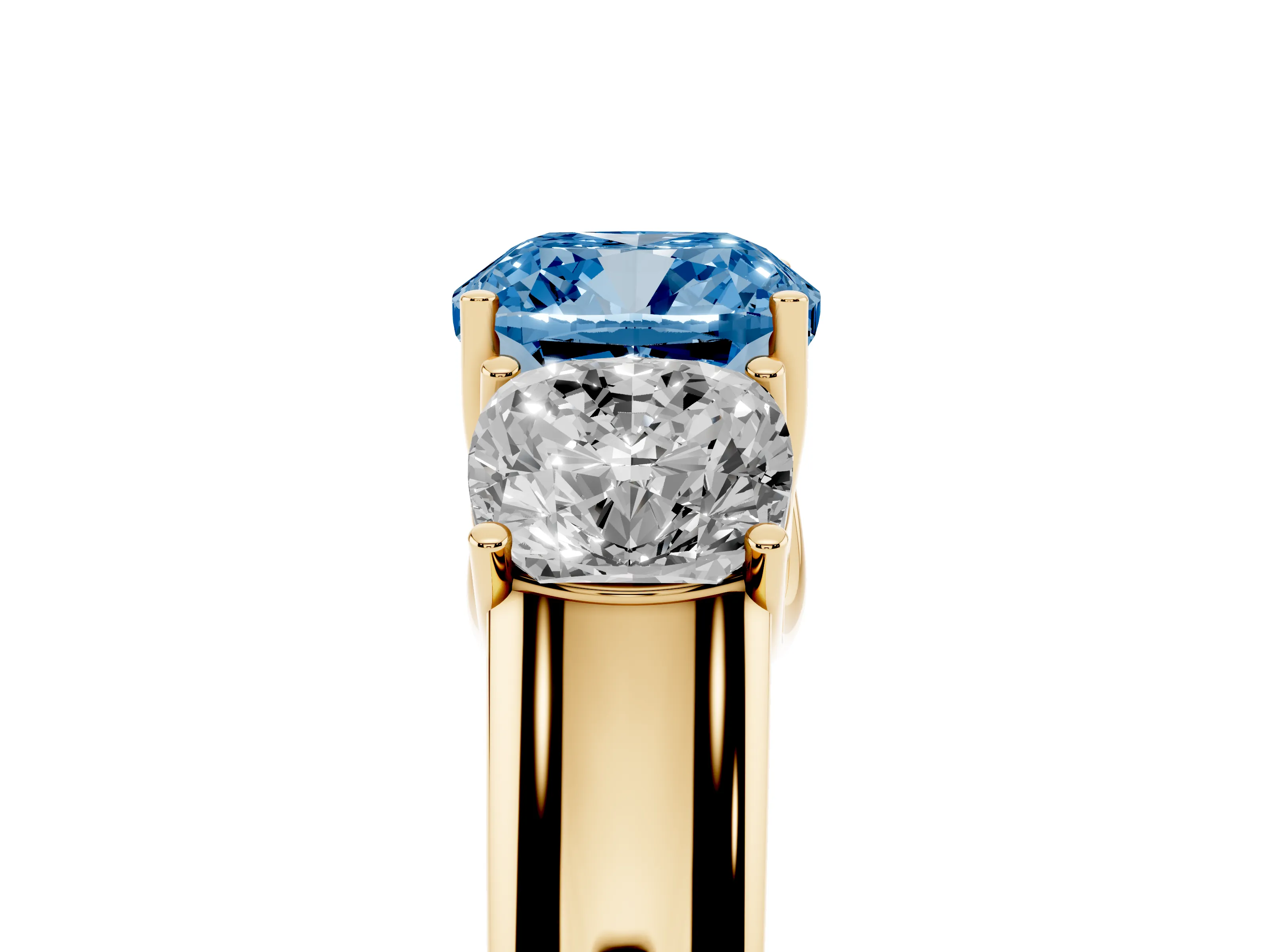 Fancy Blue Three-Stone Cushion Cut Diamond Ring Set in Yellow gold with Matching Prong Settings and Plain Band
