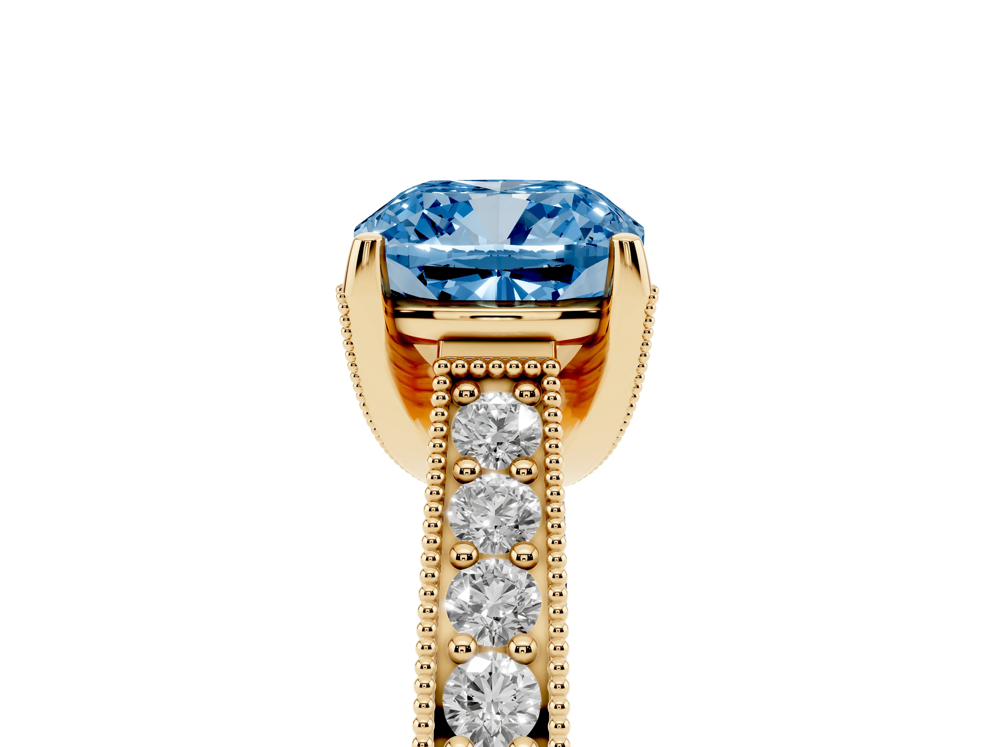 Fancy Blue Cushion Cut Diamond Solitaire Ring Set in Yellow gold with Milgrain-Edged Pavé Band and Prong Setting
