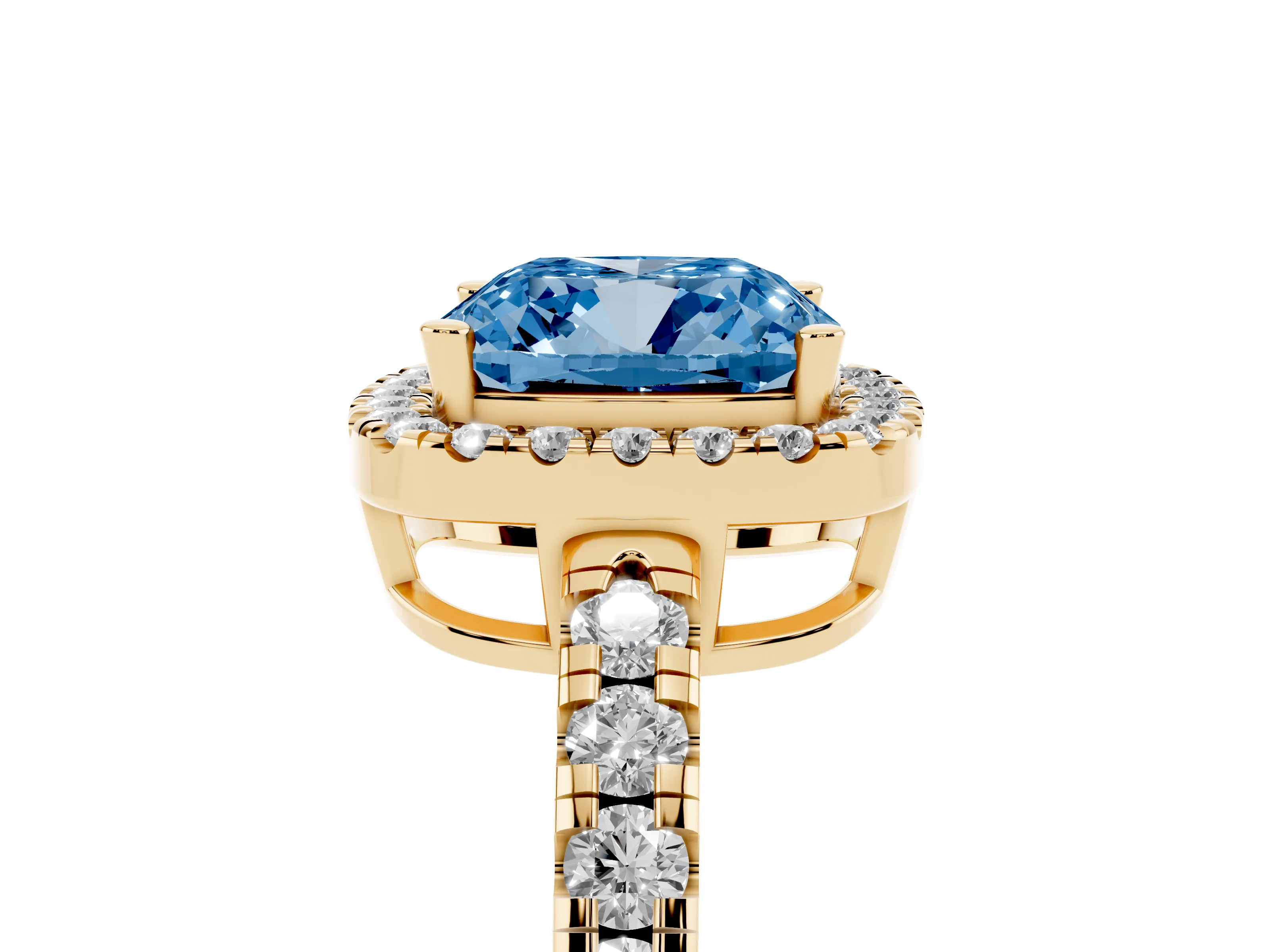 Fancy Blue Cushion Cut Diamond Halo Ring Set in Yellow gold with Delicate Pavé Band and Prong Setting