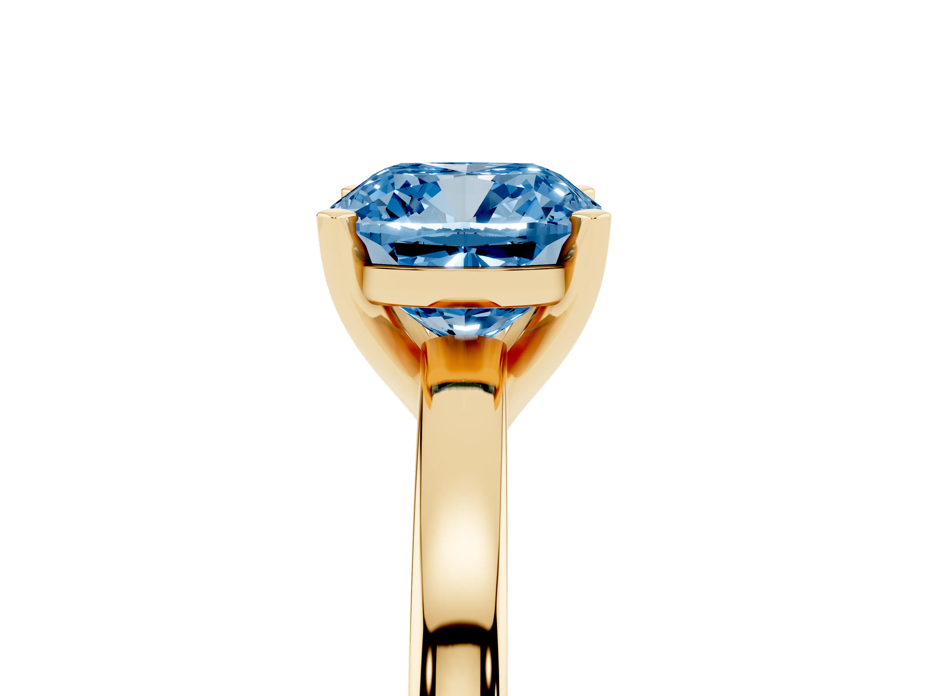Fancy Blue Cushion Cut Diamond Solitaire Engagement Ring Set in Yellow gold with Prong Setting on a Classic Band