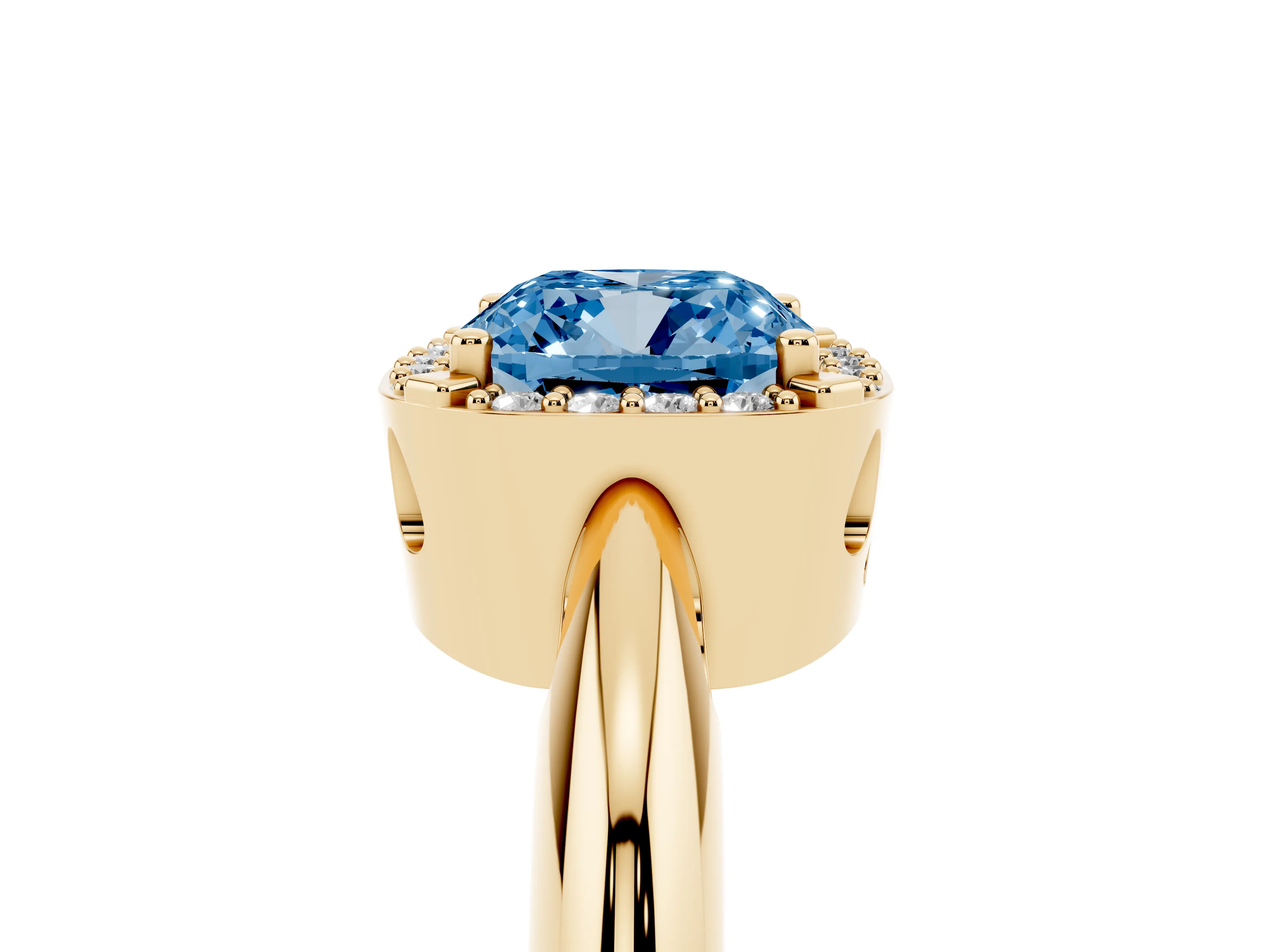Fancy Blue Cushion Cut Diamond Halo Engagement Ring Set in Yellow gold with Plain Split Shank and Prong Setting