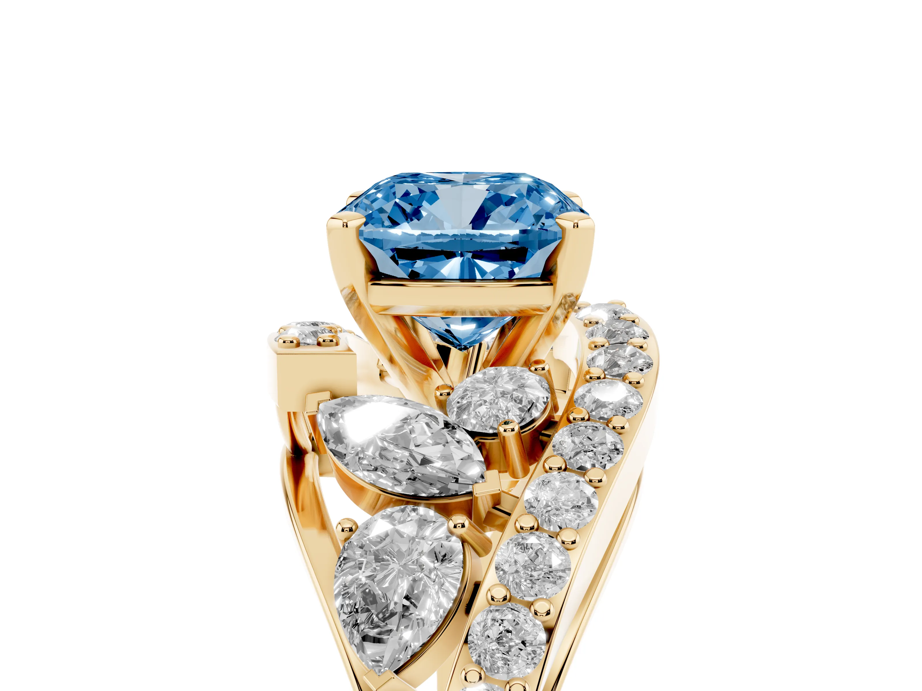 Fancy Blue Cushion Cut Diamond Halo Ring Set in Yellow gold with Marquise and Pavé Band in Prong Setting