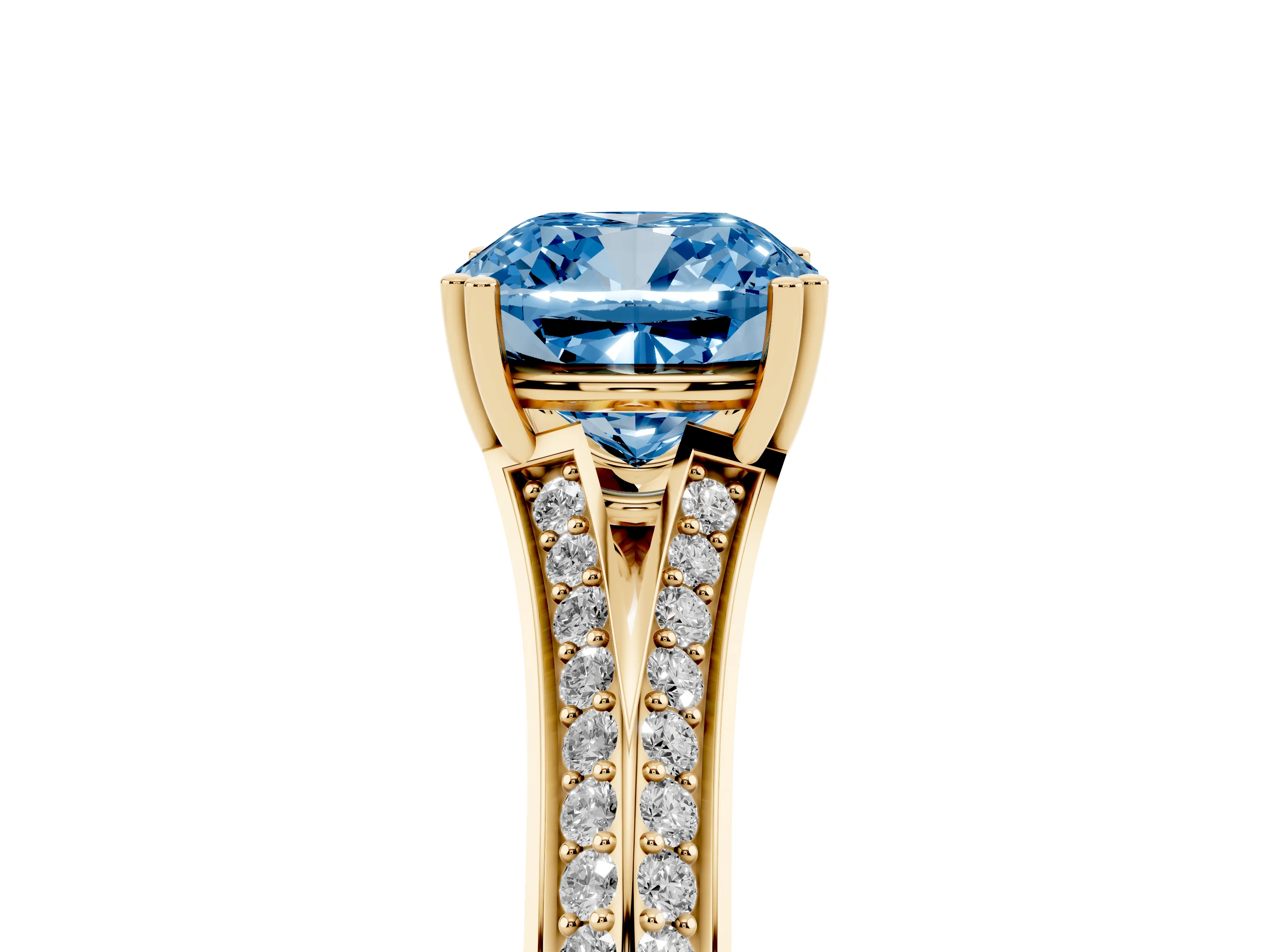 Fancy Blue Cushion Cut Diamond Split Shank Pavé Engagement Ring Set in Yellow gold with Prong-Set Center Stone