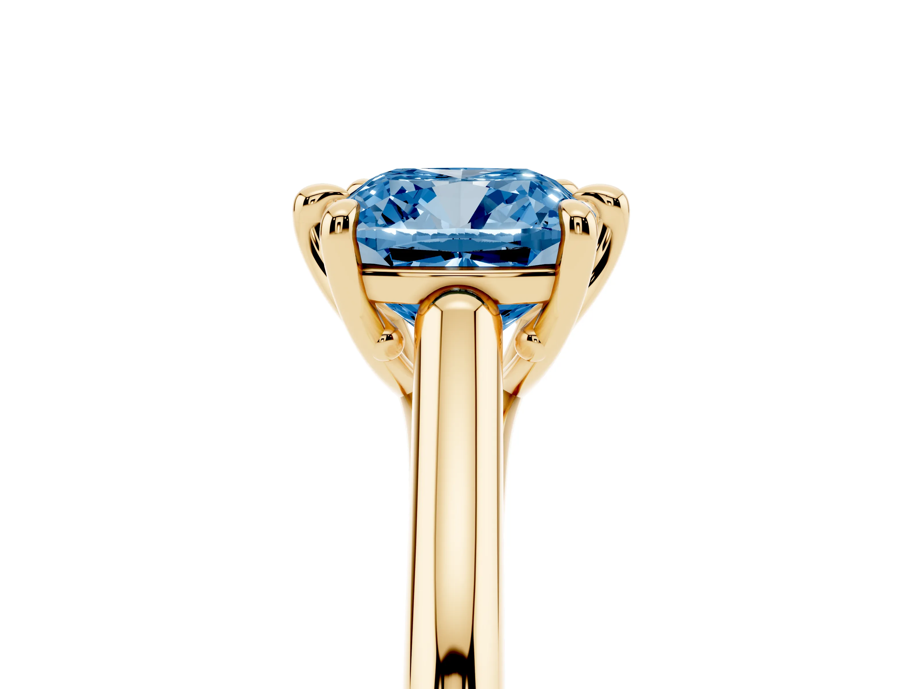 Fancy Blue Cushion Cut Diamond Solitaire Engagement Ring Set in Yellow gold with Prong Setting and Plain Classic Band