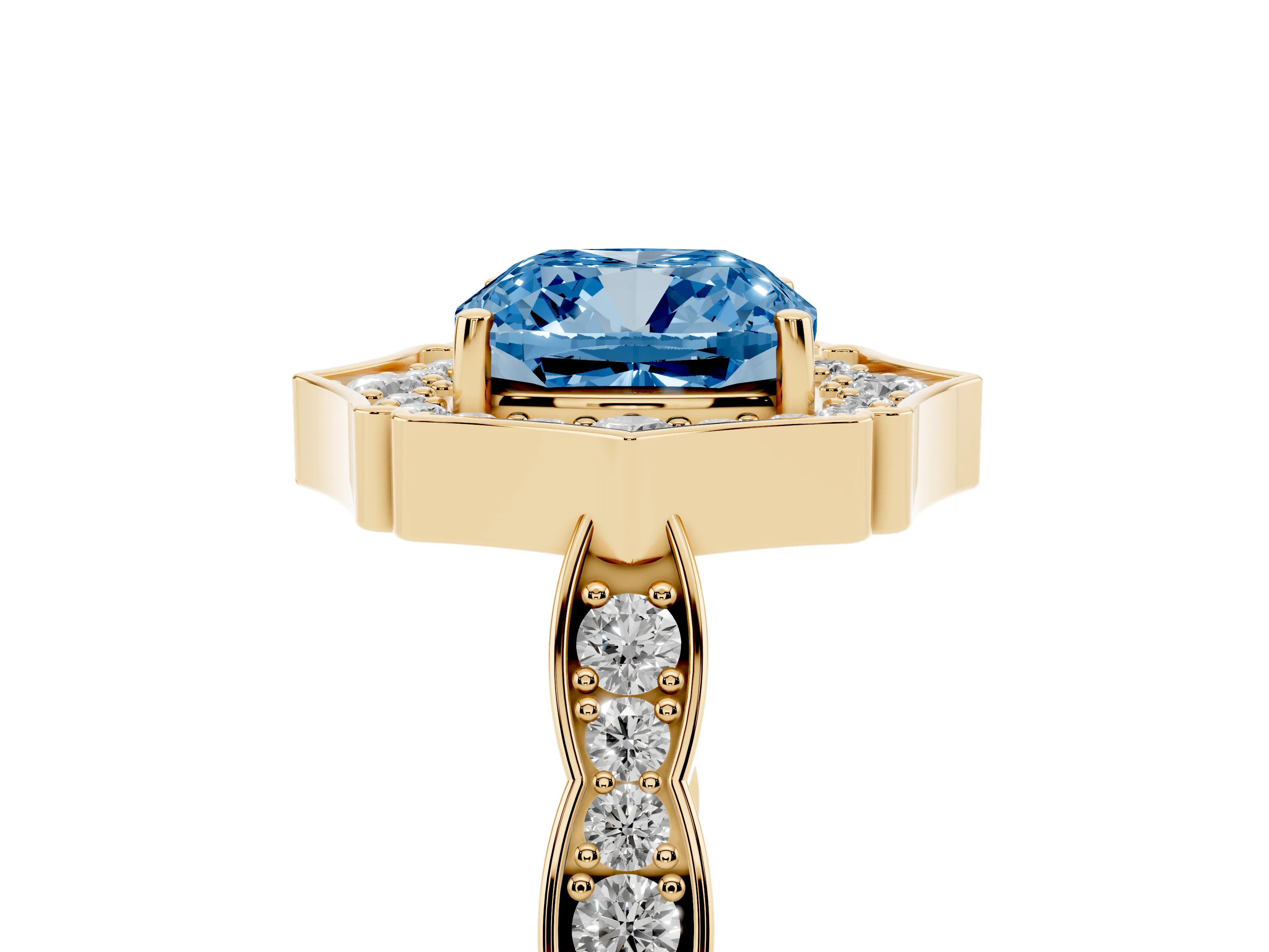 Fancy Blue Cushion Cut Diamond Halo Engagement Ring Set in Yellow gold with Milgrain Band and Prong Setting