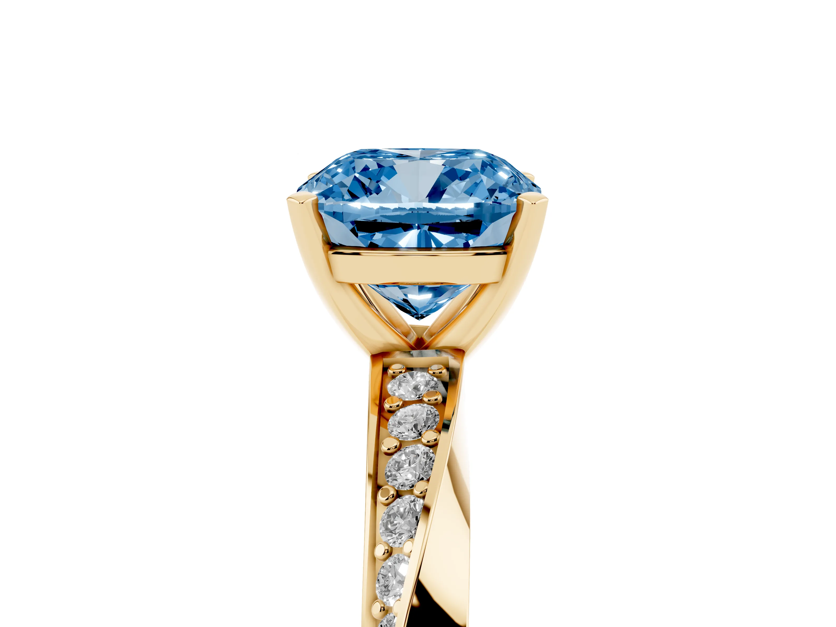 Fancy Blue Cushion Cut Diamond Engagement Ring Set in Yellow gold with Side Stone Accents and Prong Setting