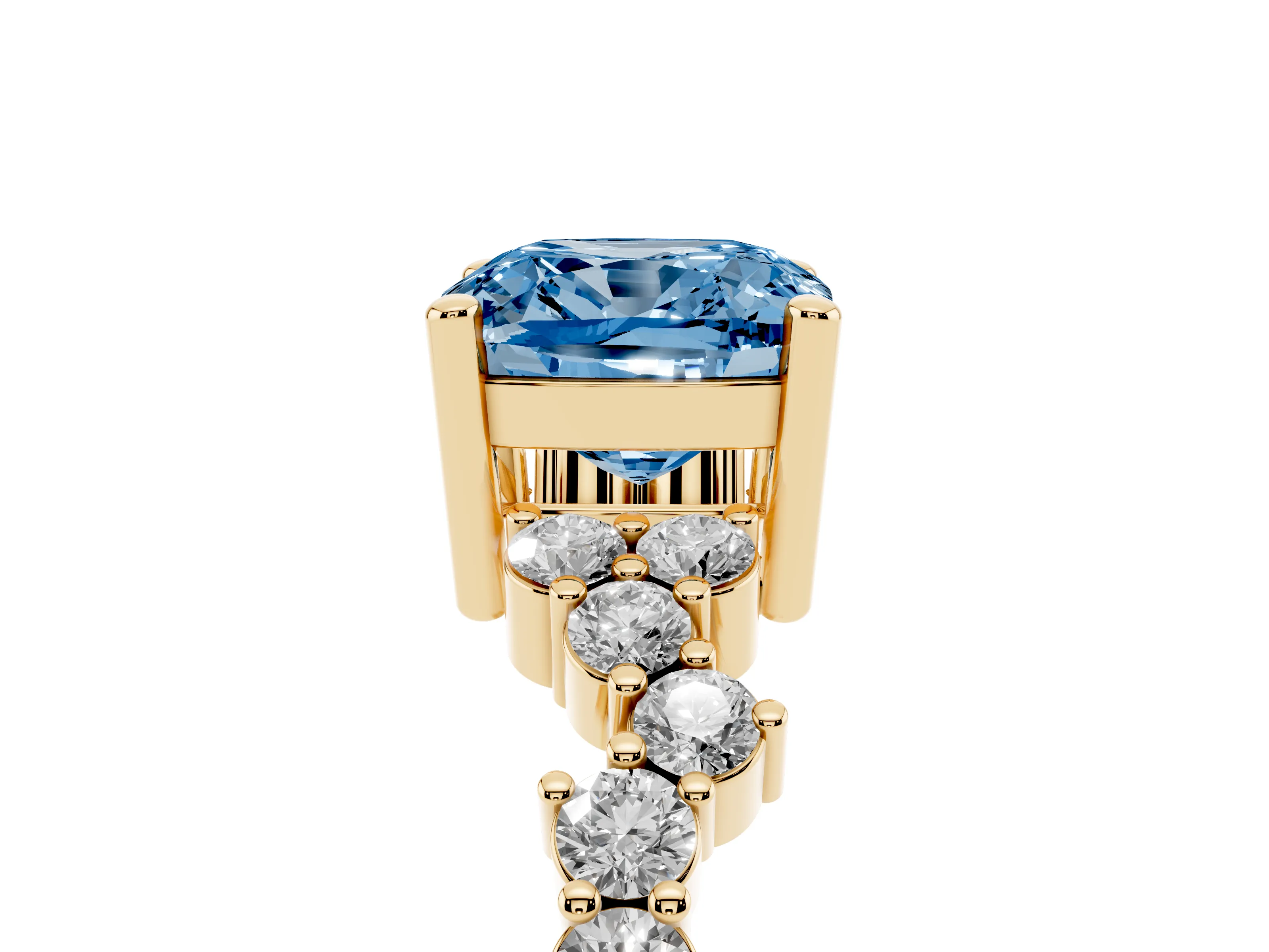 Fancy Blue Cushion Cut Diamond Ring Set in Yellow gold with Scattered Round Accents