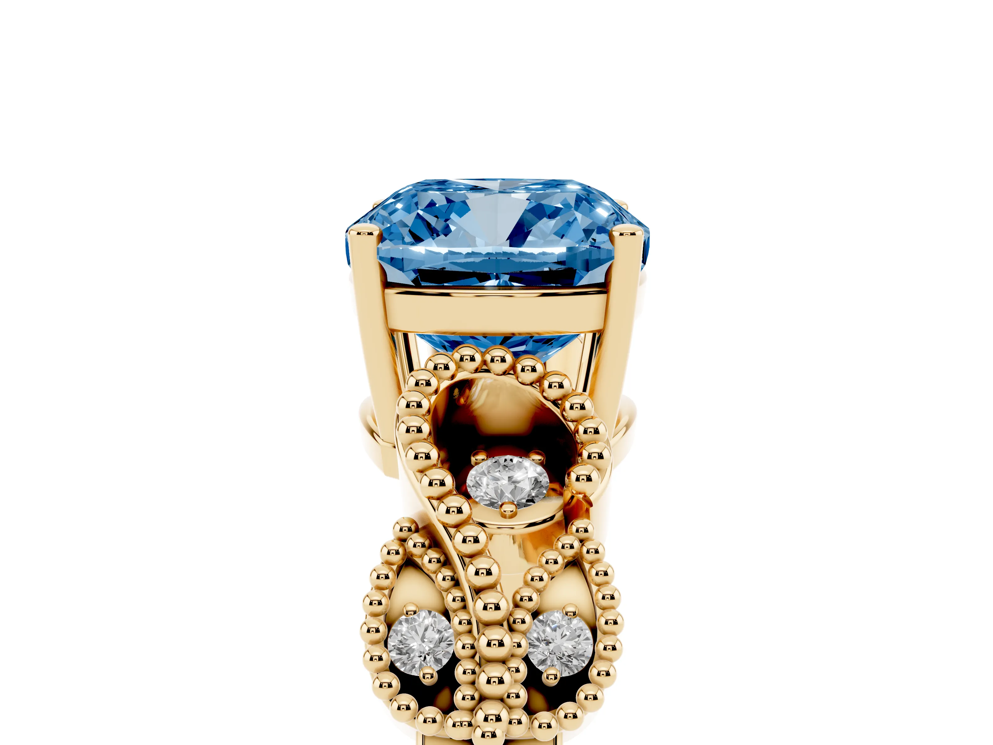 Fancy Blue Cushion Cut Diamond Milgrain Leaf Band Solitaire Ring Set in Yellow gold with Accent Stones and Prong Setting